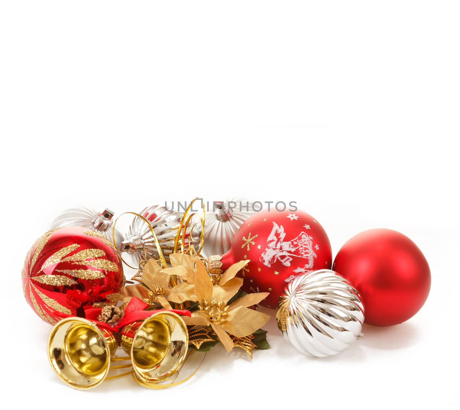 Red and silver christmas balls with decorations on white
