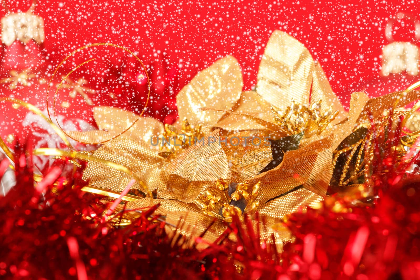 Red christmas balls and decorations on red background