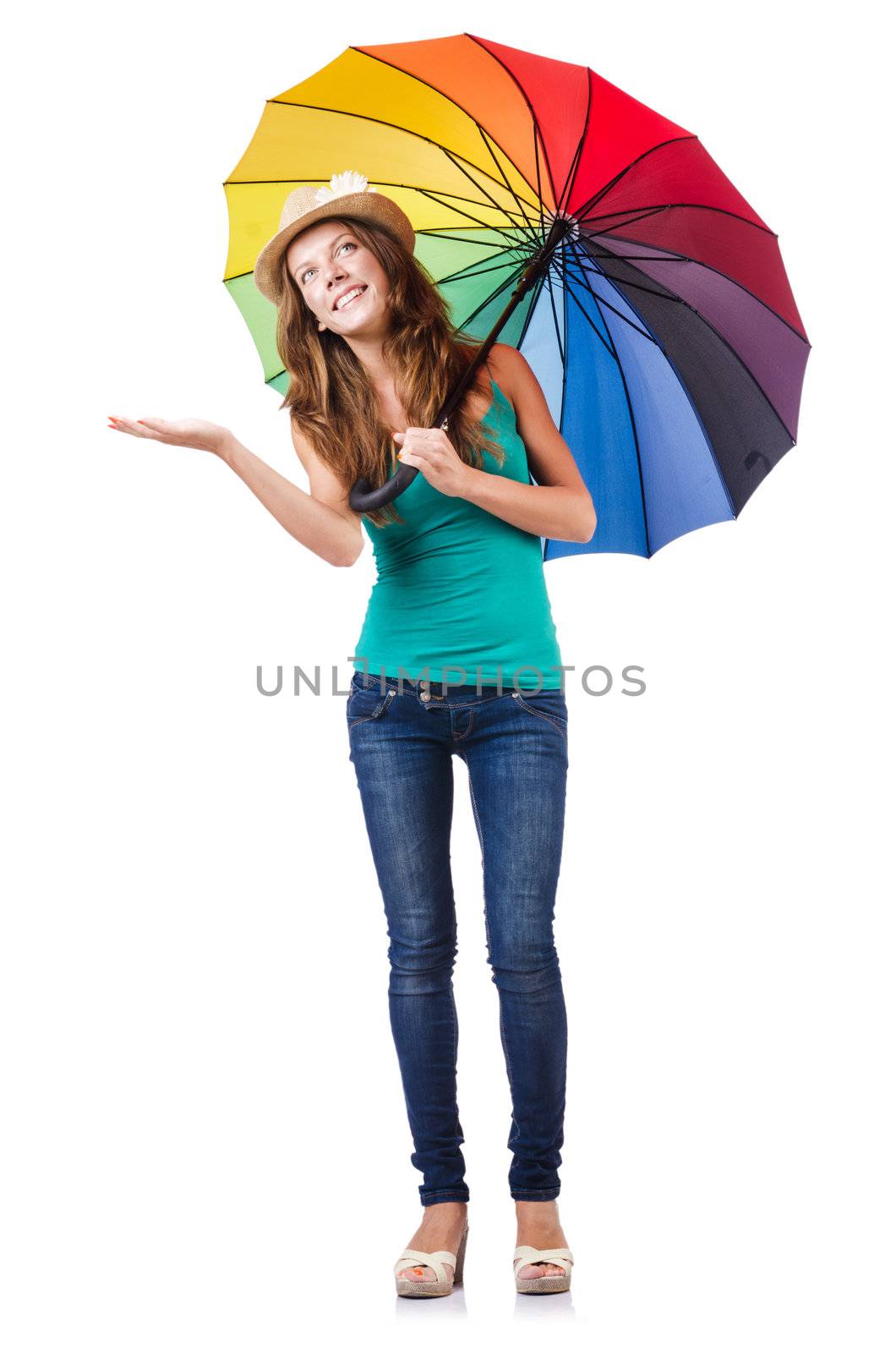 Young woman with colourful umbrella