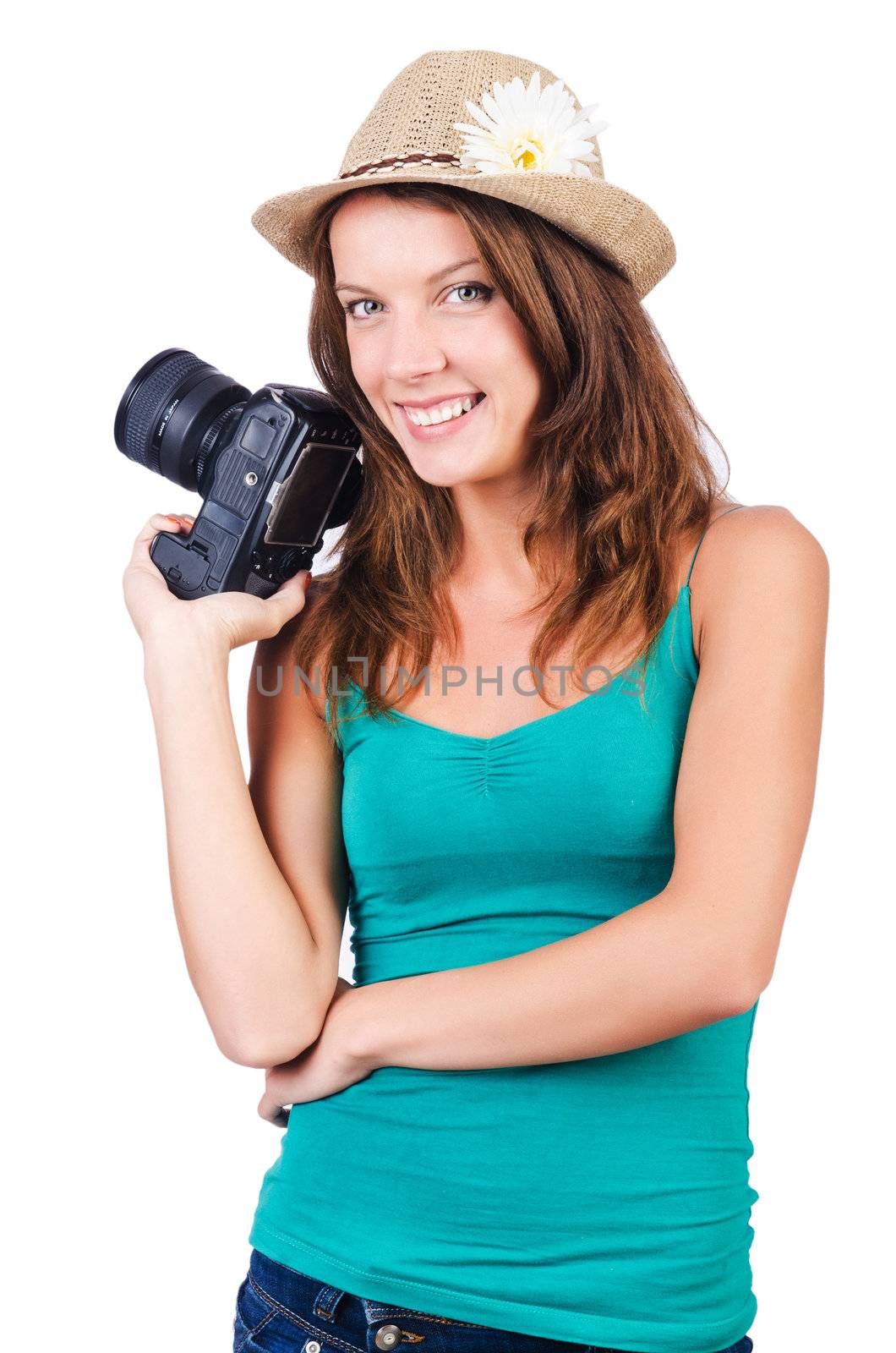 Attractive female photographer on white