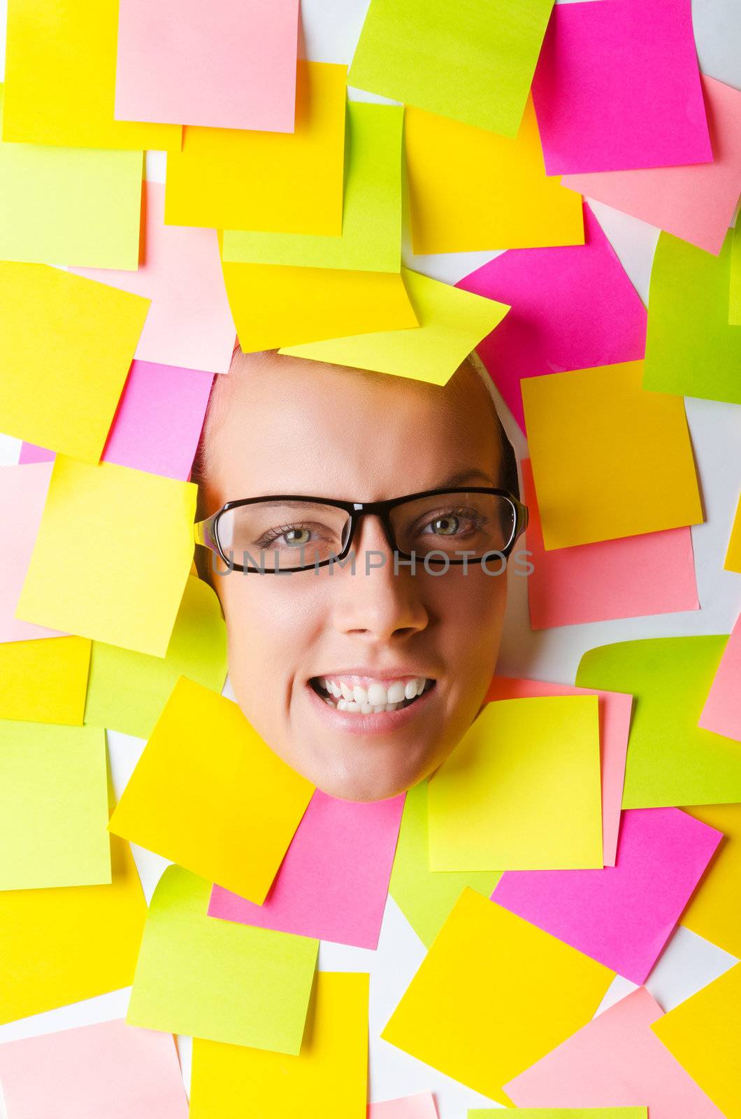 Woman with lots of reminder notes