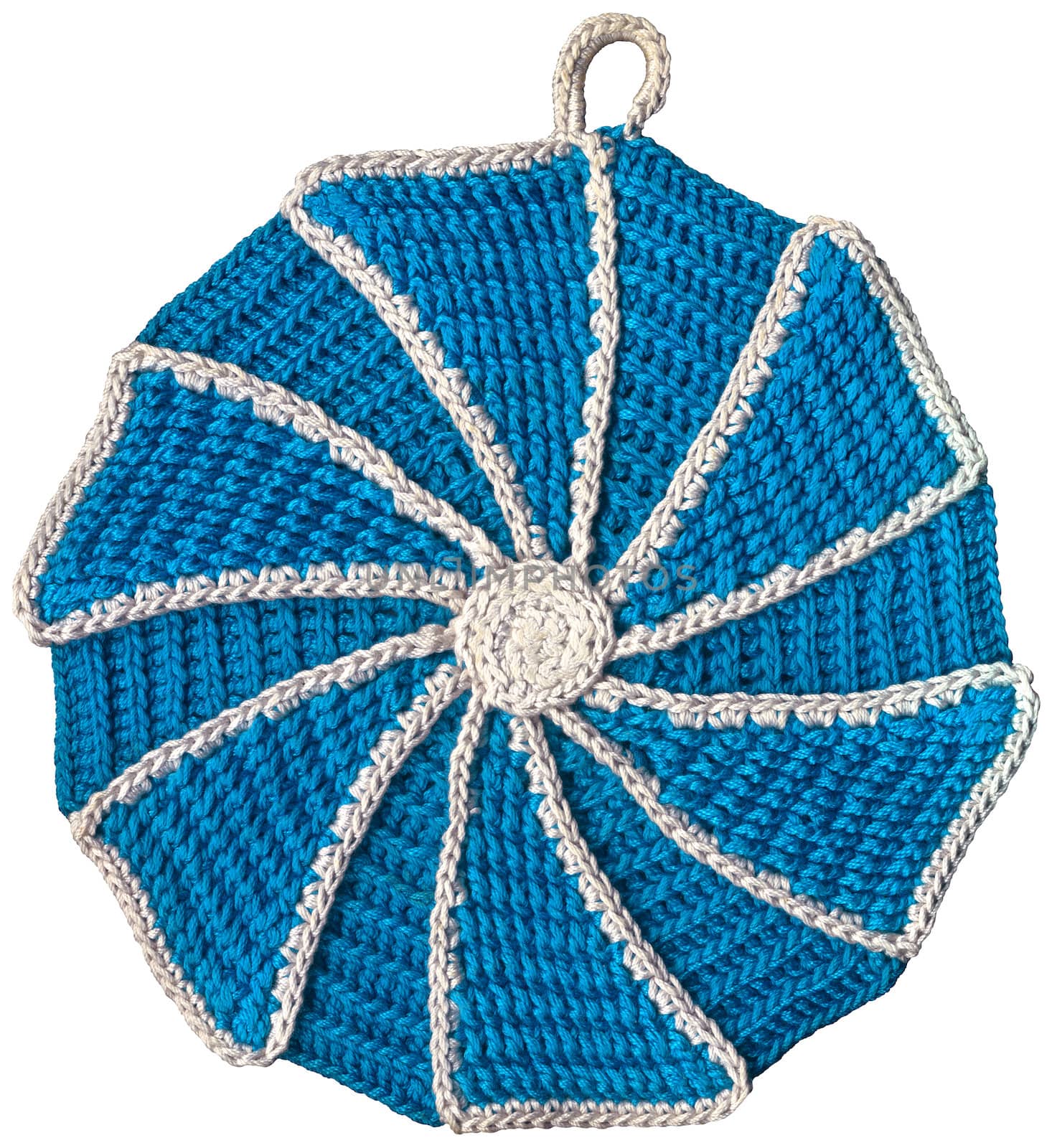 Blue and white handmade wool pot holder isolated on white background
