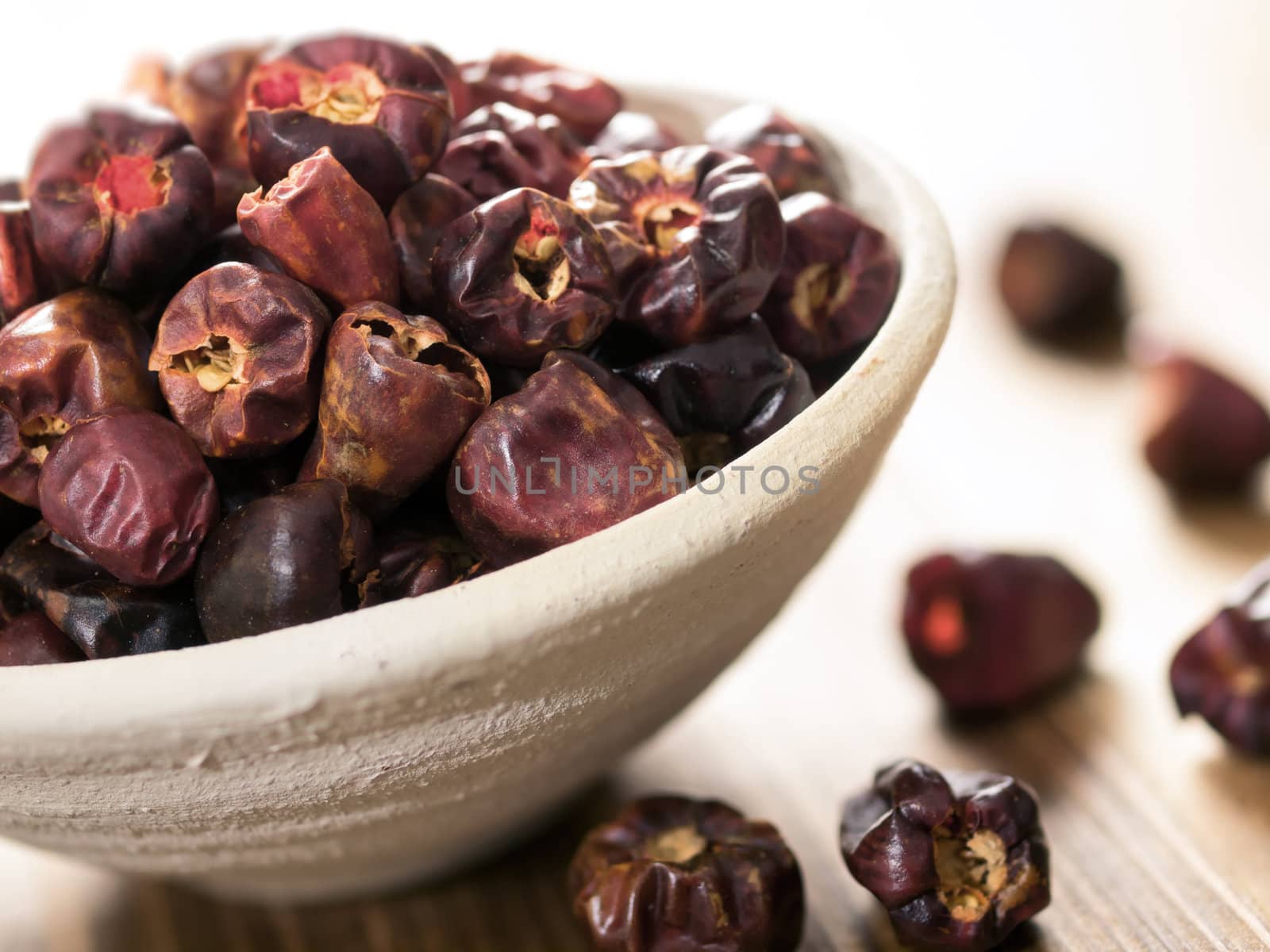 close up of a bowl of dried round red chilies