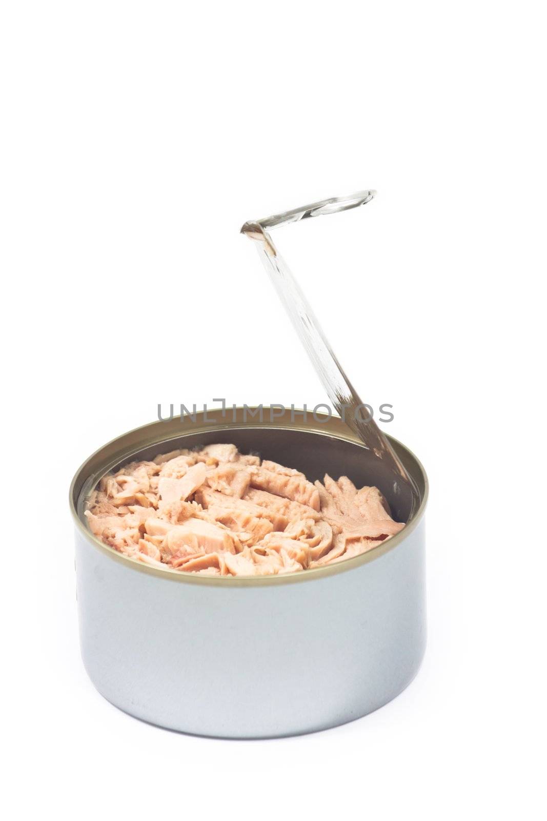 Tuna in opened can on white isolated