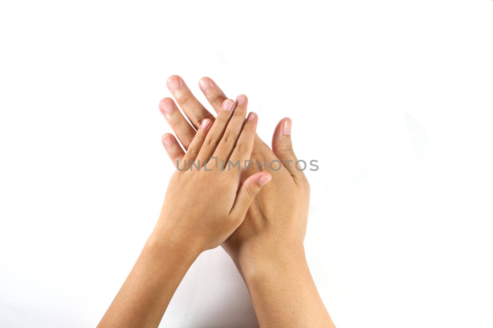 Hand mother and child. on white background.