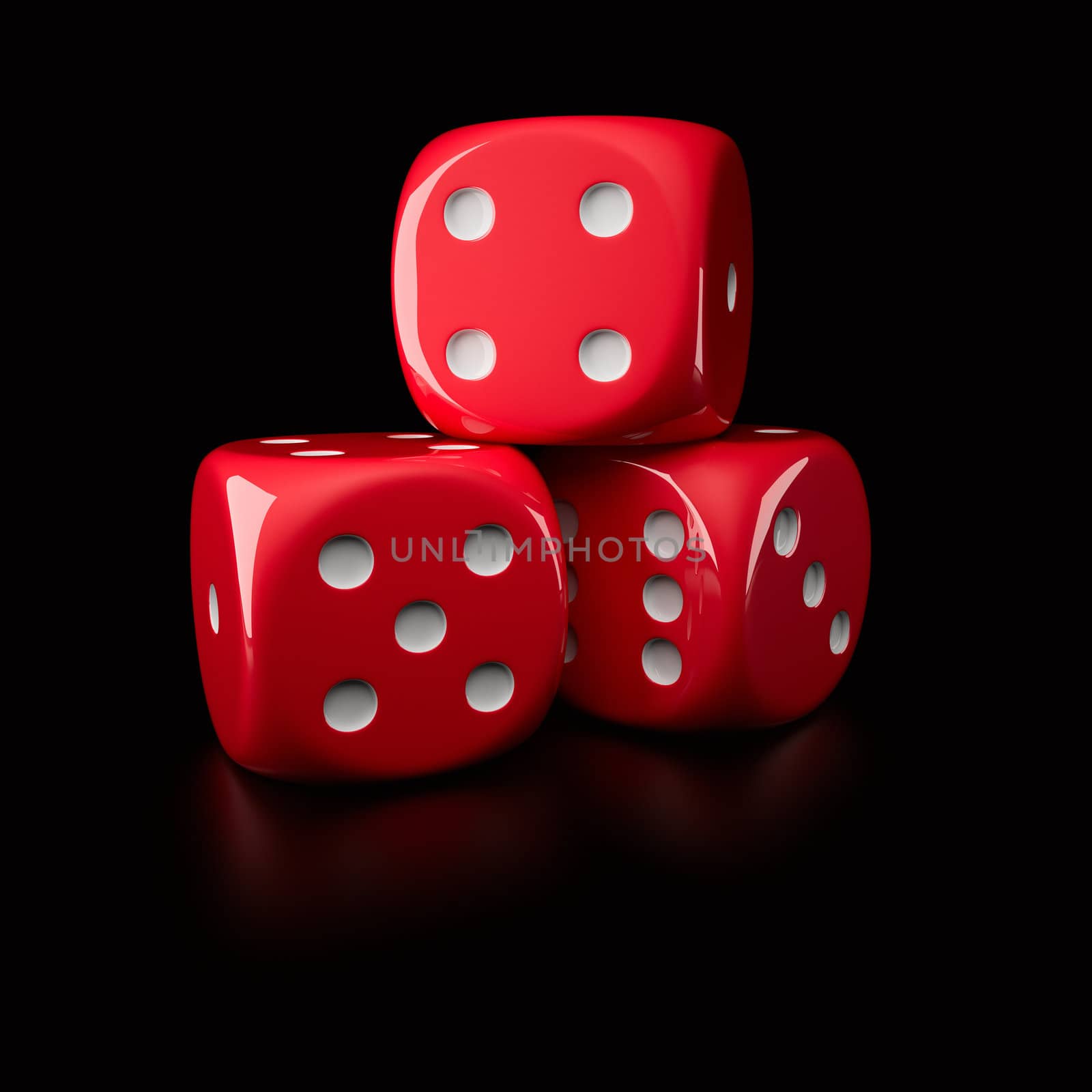 Three red dice showing different sides (on a right-handed, 6-sided die with pips)