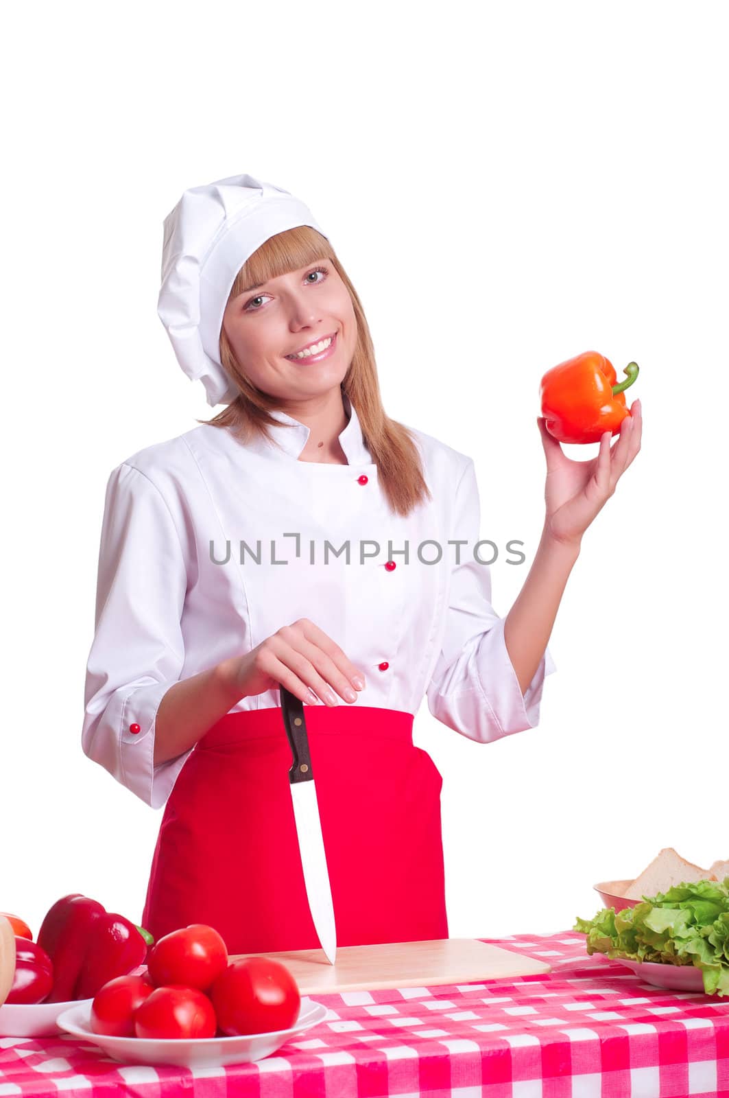 attractive woman cuts vegetables, cooking dinner, white background