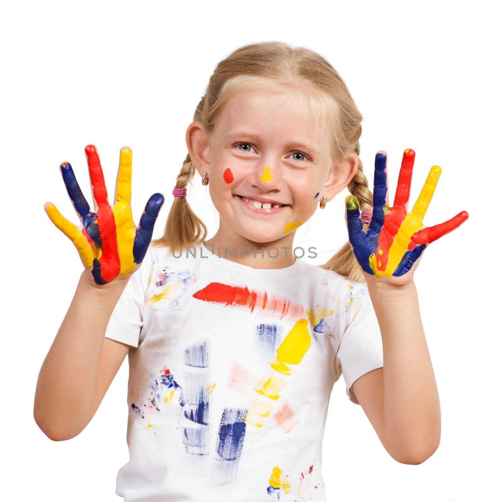 girl with painted hands, draw hands, isolated on white background