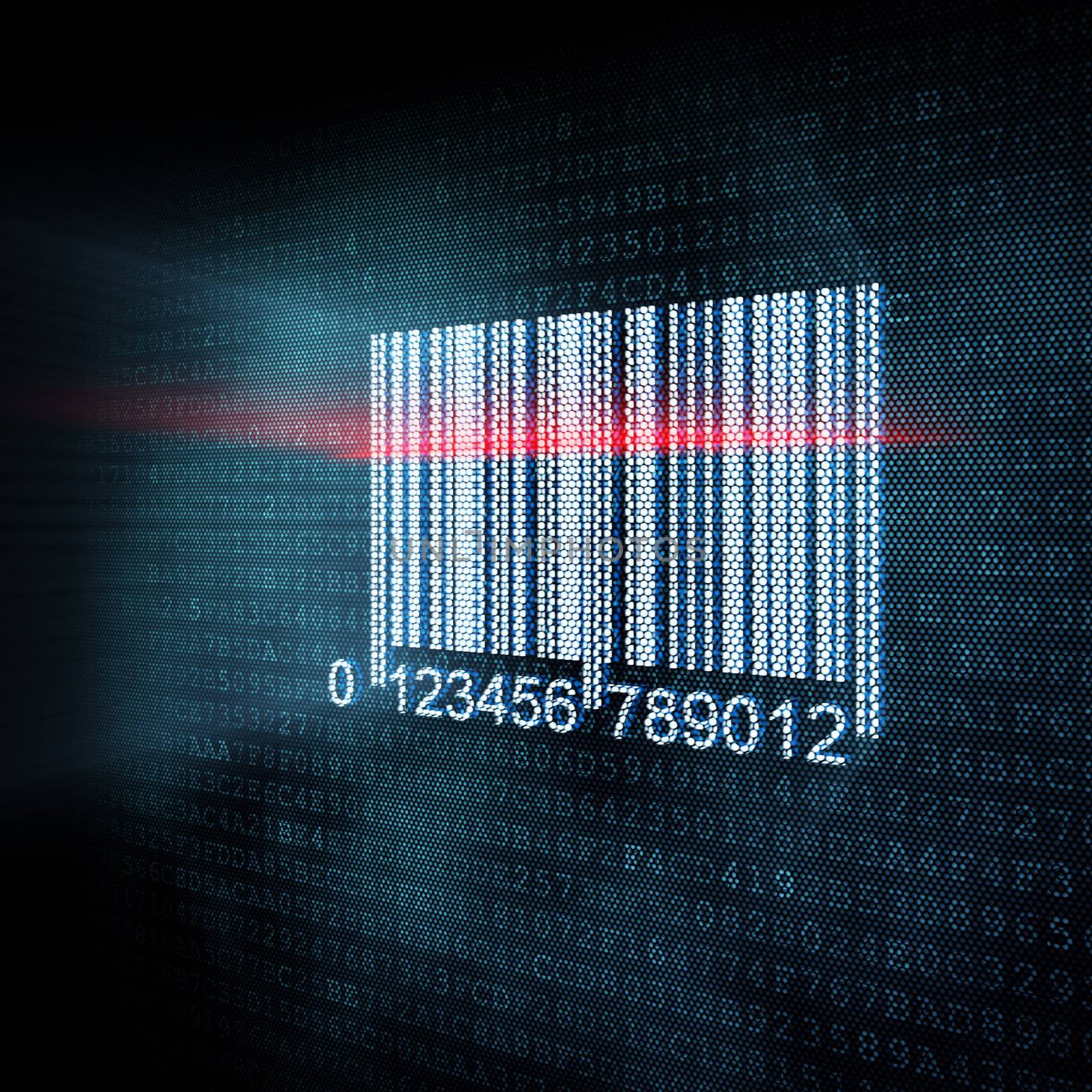 Pixeled barcode illustration on digital screen, 3d render