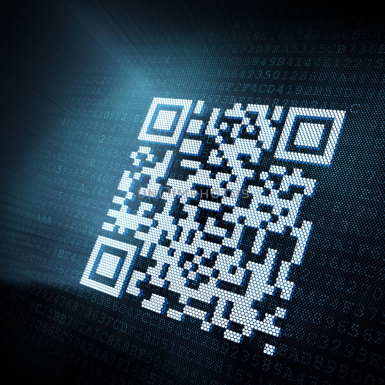 Pixeled QR code illustration on digital screen, 3d render