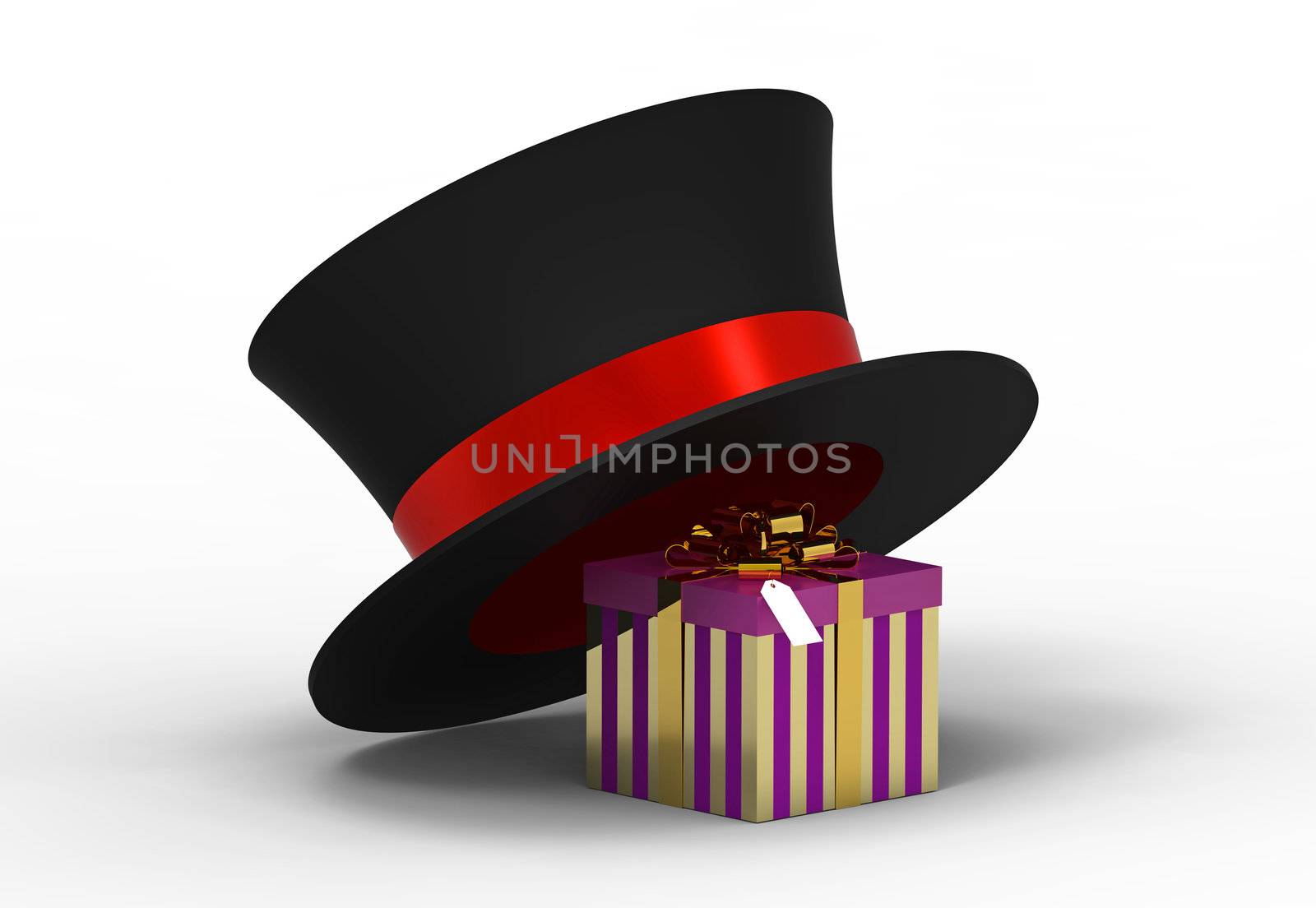 Gift box under hat on white, 3d render