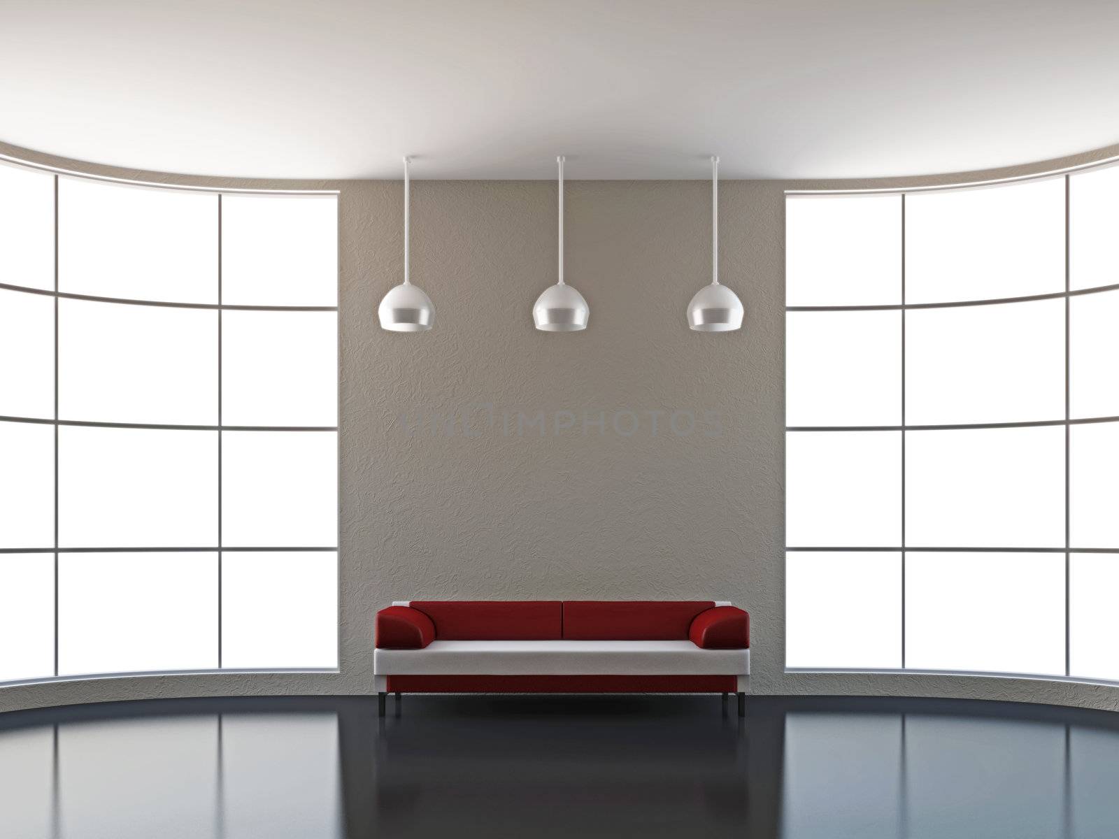 The leather sofa near the big window