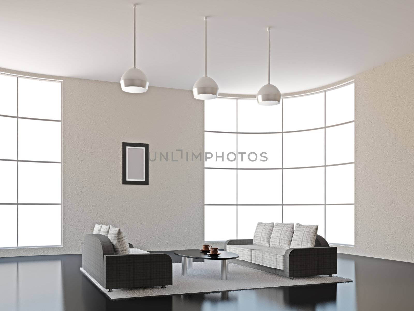 A room interior with sofa and table 