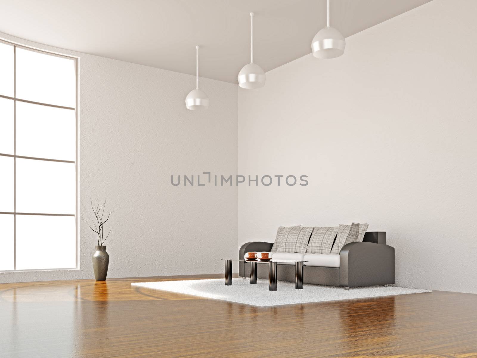 A room interior with sofa and table