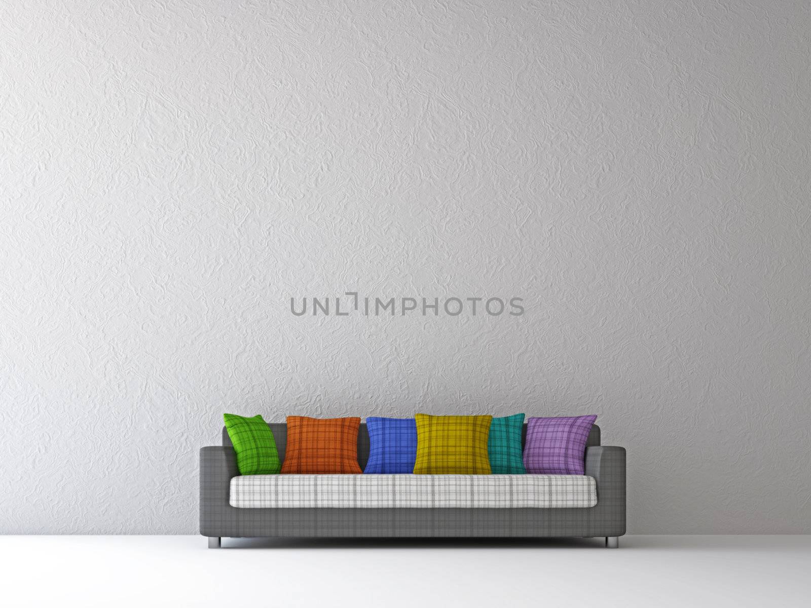 Sofa with color pillows near the wall