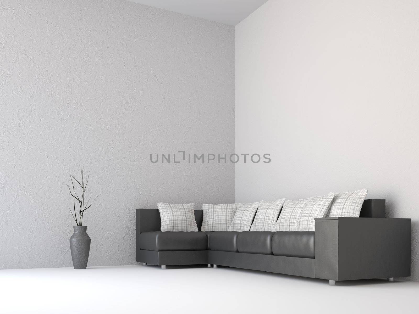 Sofa with white pillows near the wall