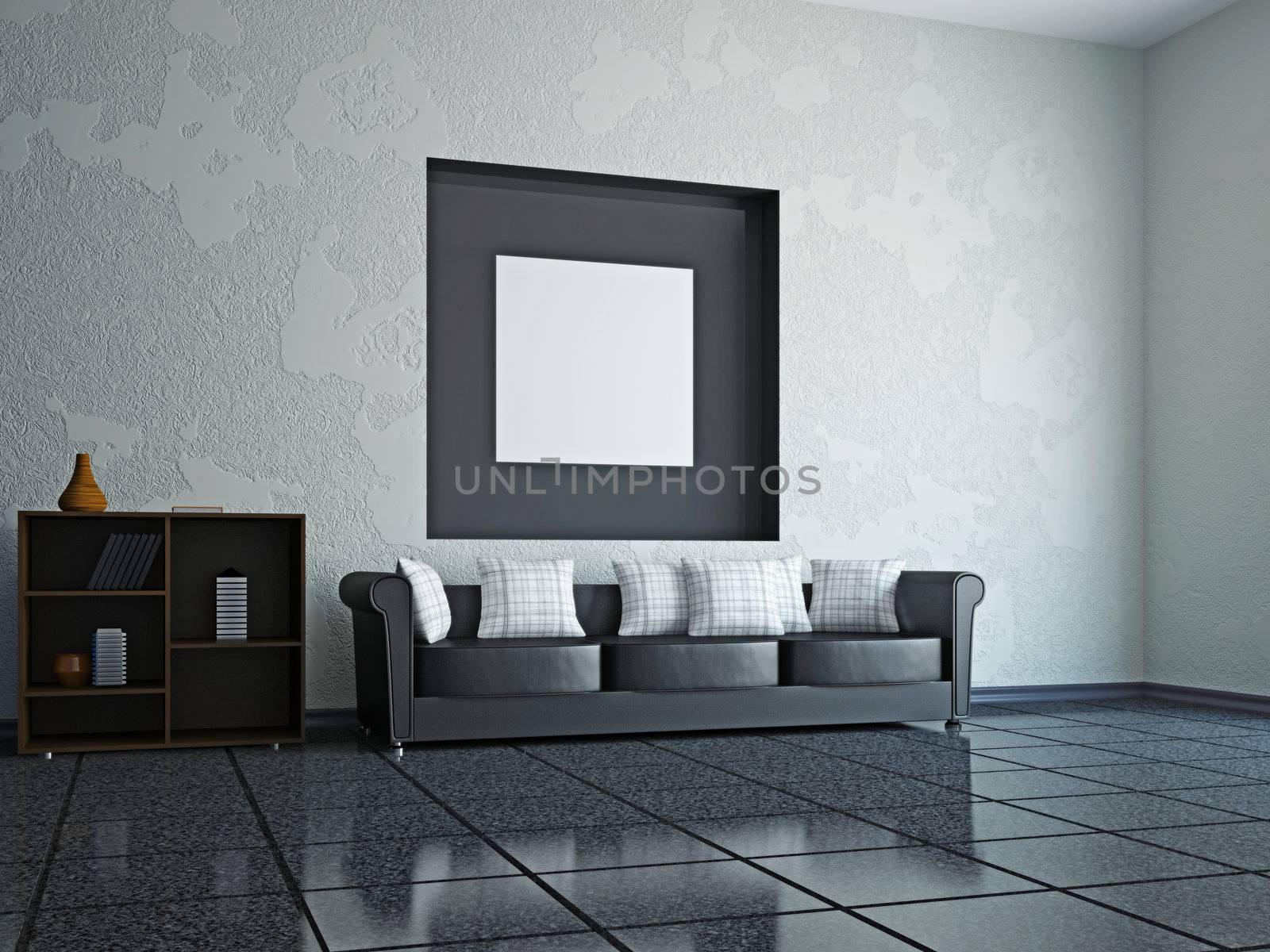A room interior with a leather sofa