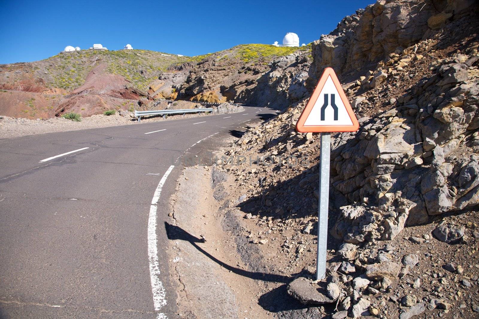 narrowing red signal in a road at La Palma Canary Islands Spain