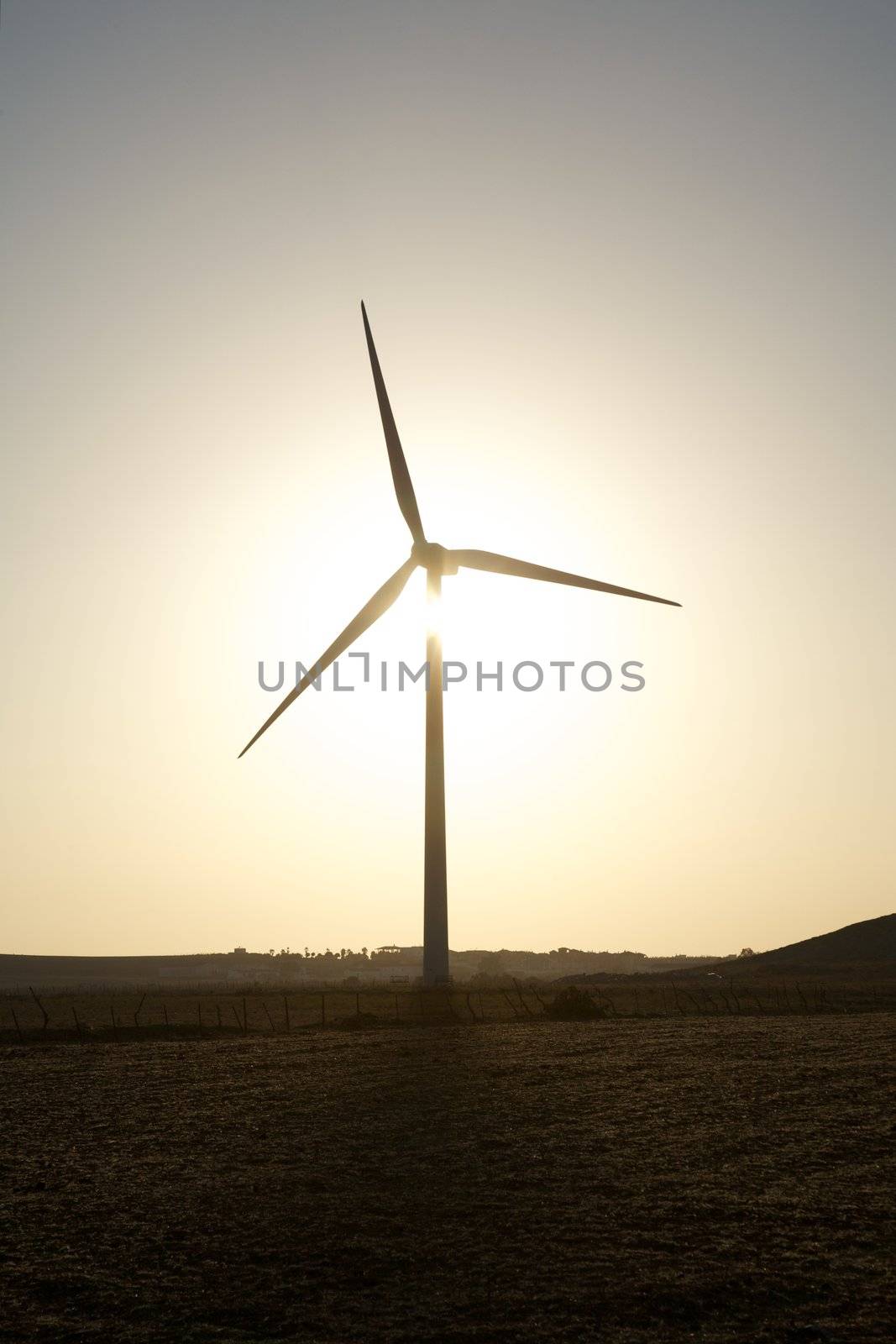 wind power mills next to Zahara village at Cadiz Andalusia in Spain