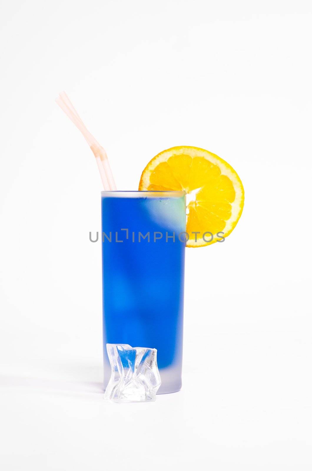 blue cocktail with ice and orange isolated