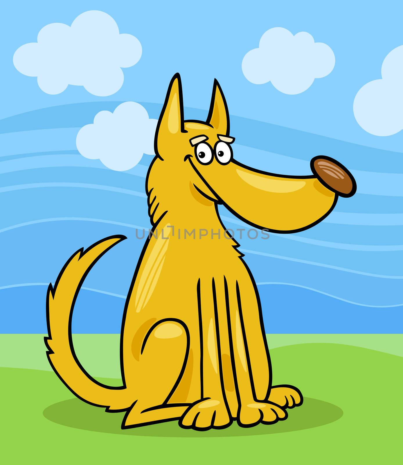 Cartoon Illustration of Funny Mongrel Dog against Blue Sky and Green Grass