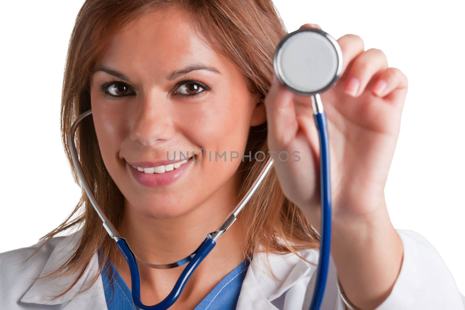 Young female doctor with scrubs and a stethoscope