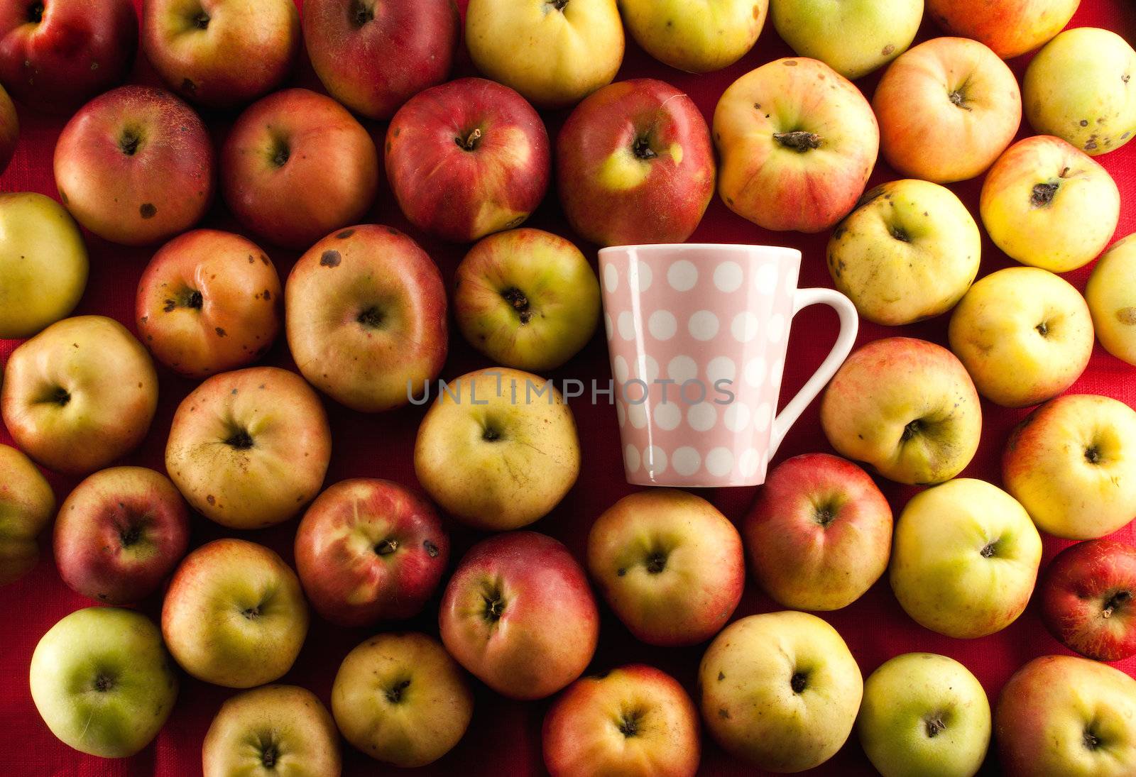 fresh ripe apple texture with teacup on red