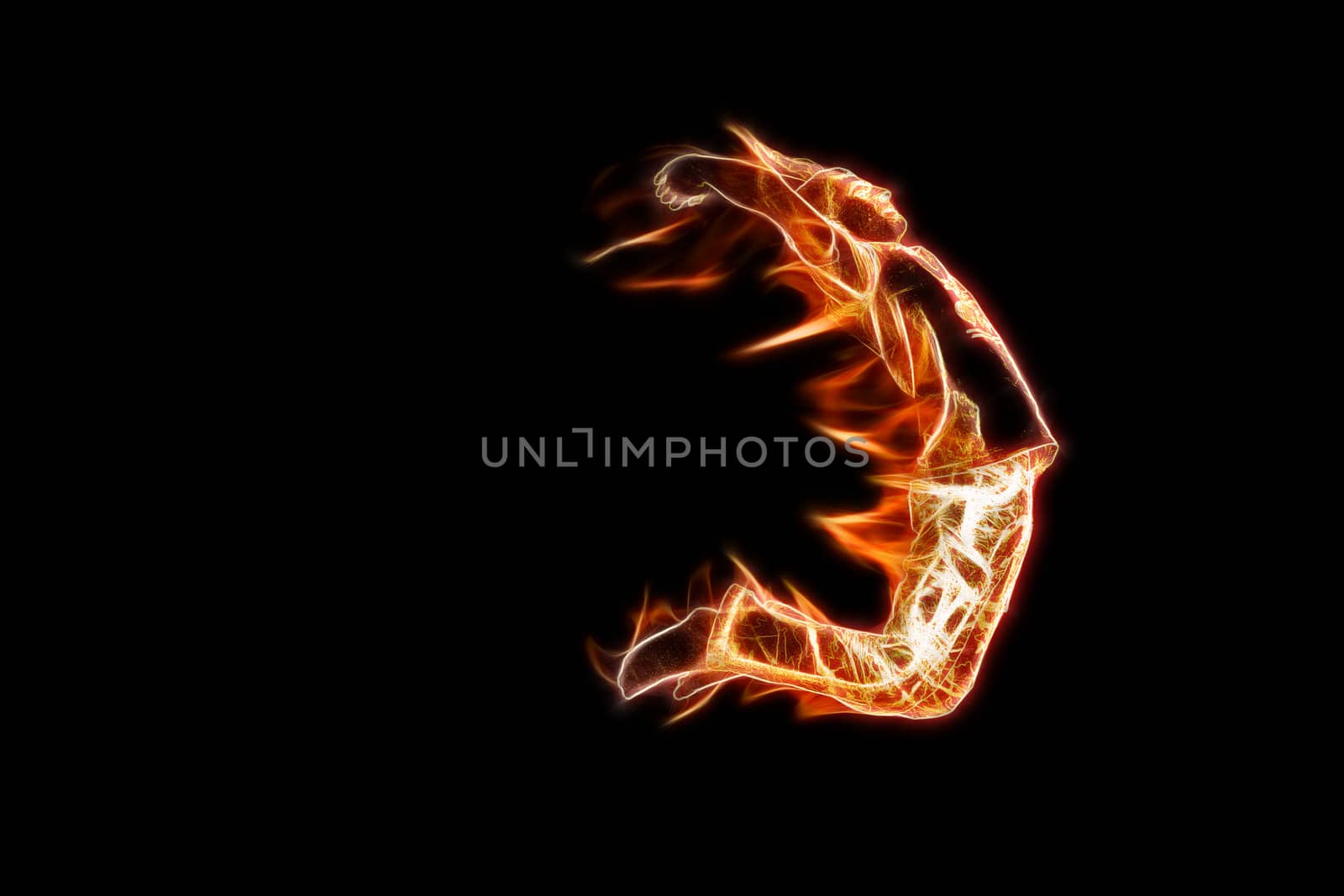 man in flames frozen in mid-air