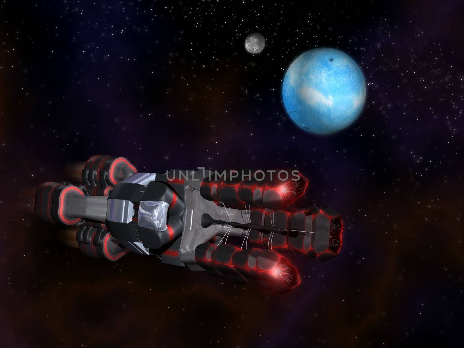 Side view of Black and Red Space Craft in Action in Space by shkyo30