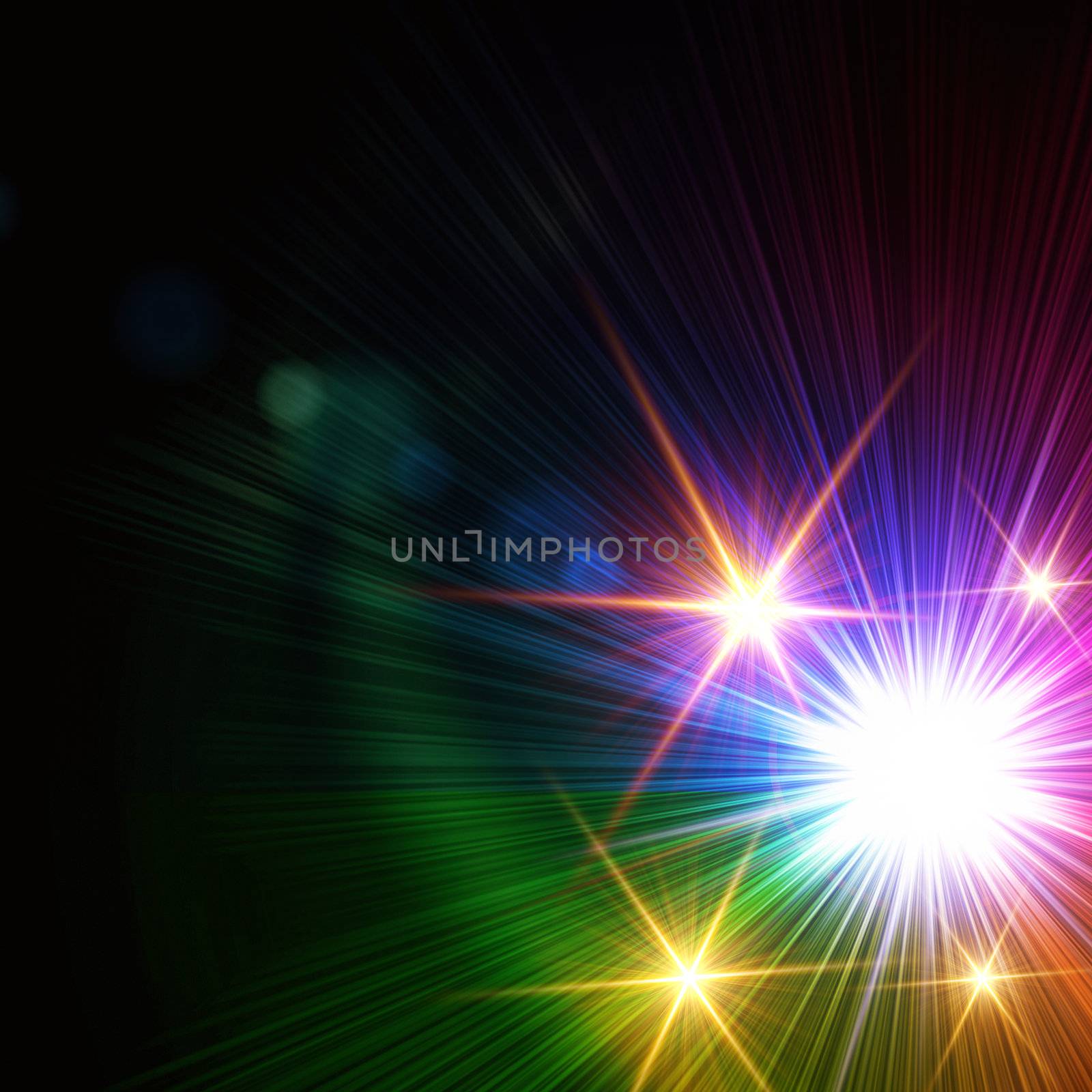 abstract rainbow colorful rays lights like stars over black background, lens flare