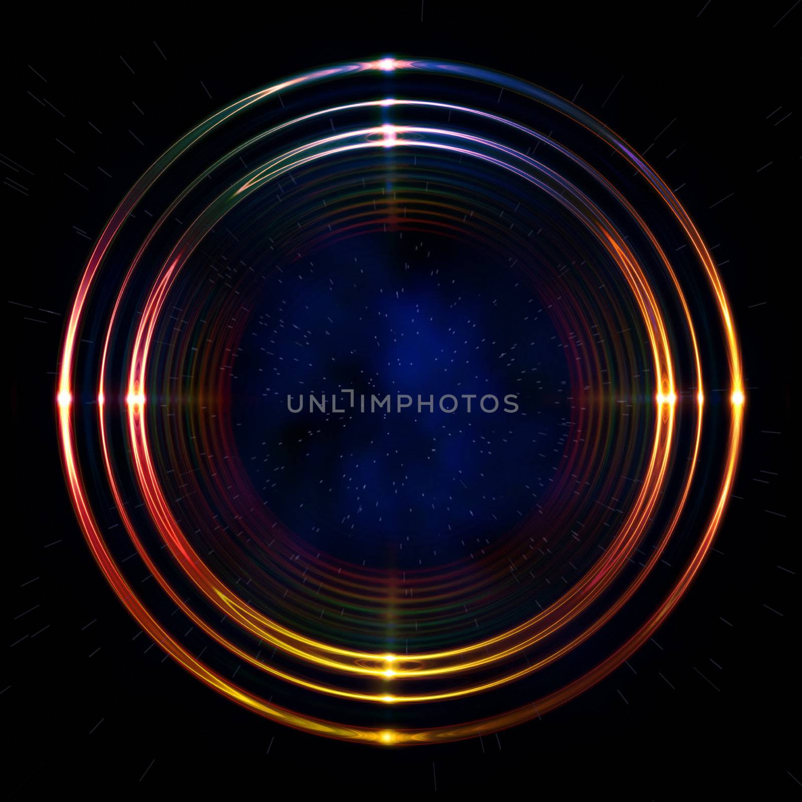 abstract golden rings shining over dark background with stars and lights