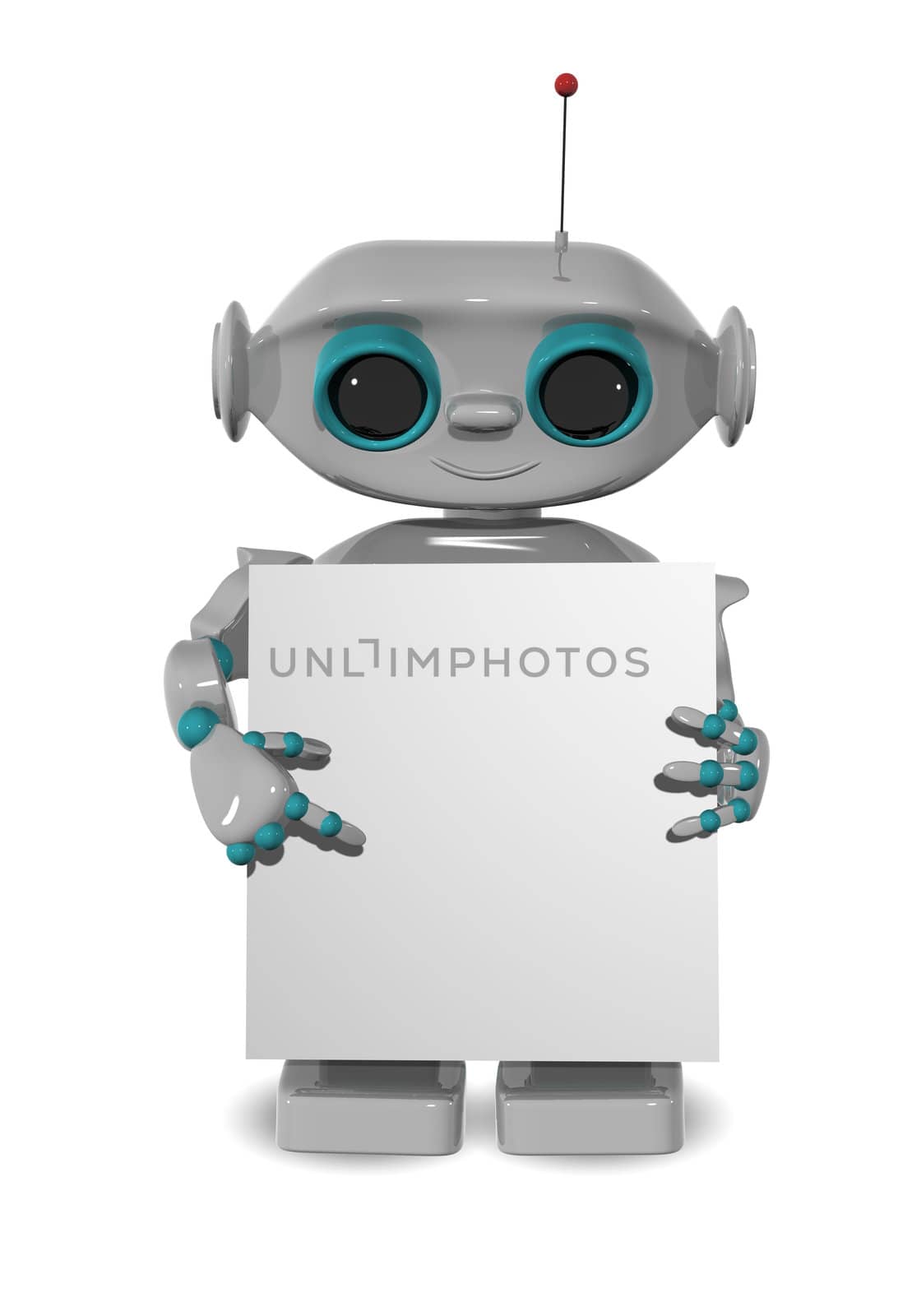 3d illustration of a cheerful robot with a poster