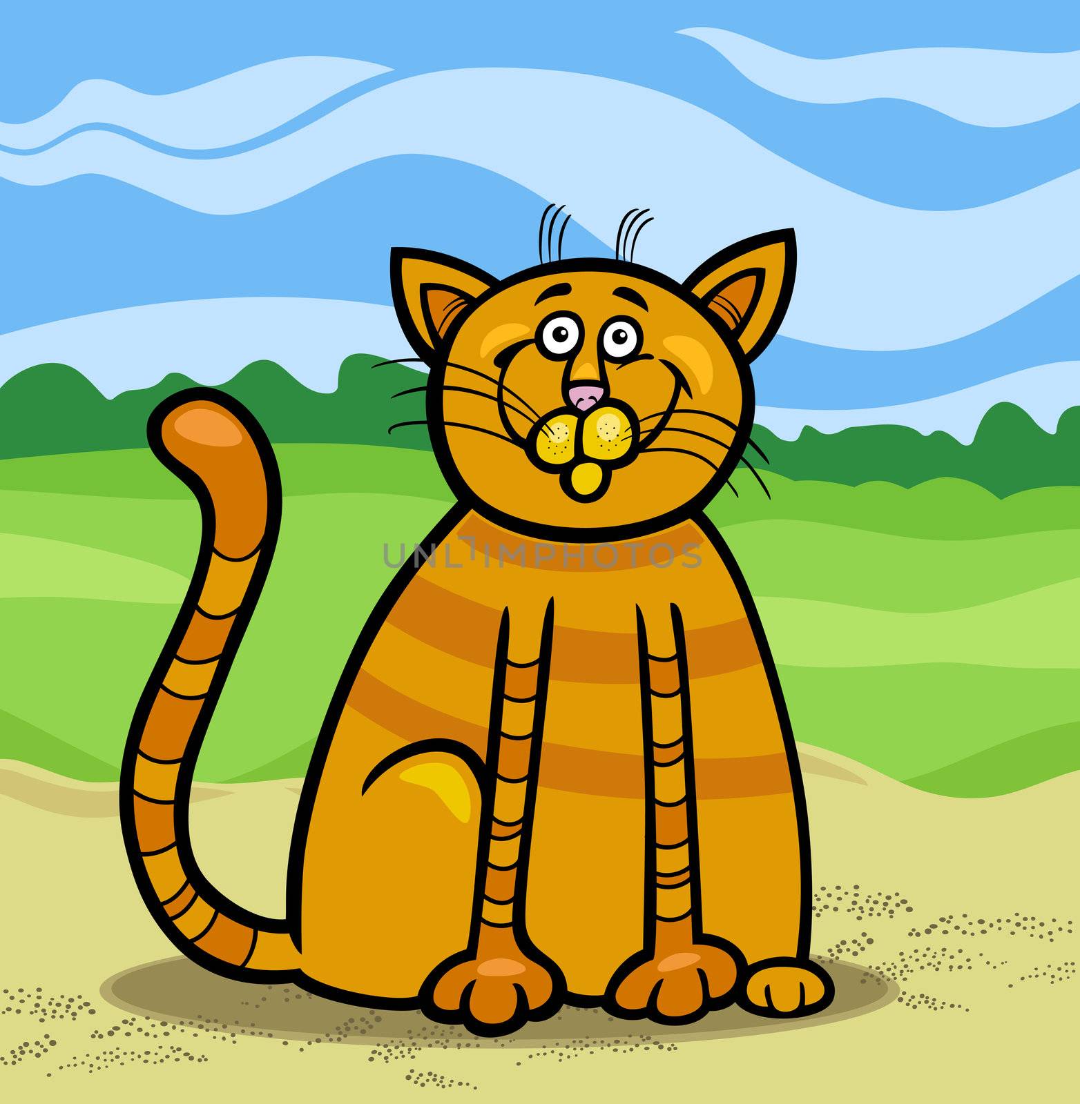 Cartoon Illustration of Happy Red Tabby Cat against Blue Sky and Fields