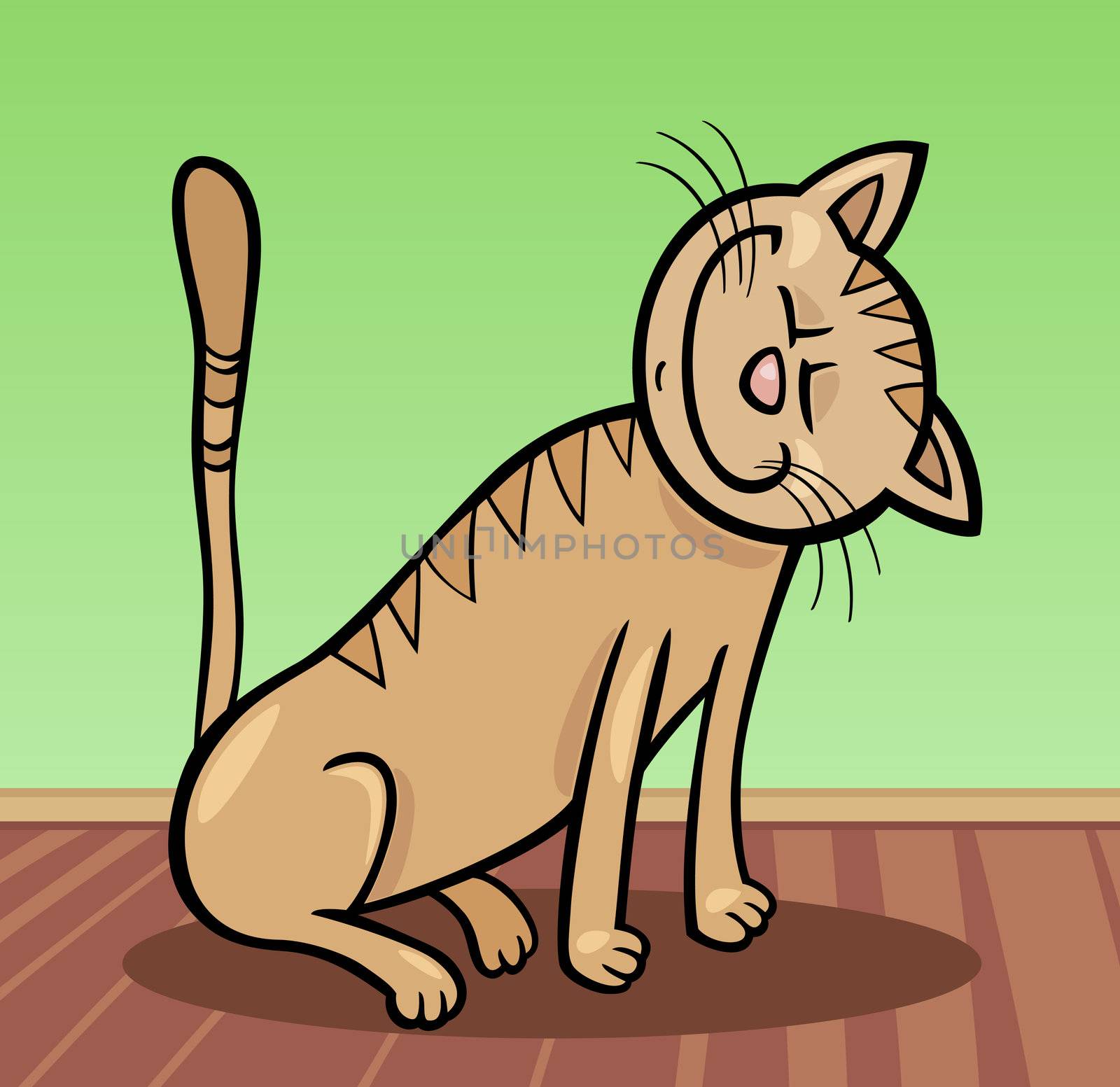 Cartoon Illustration of Happy Beige Tabby Cat at Home