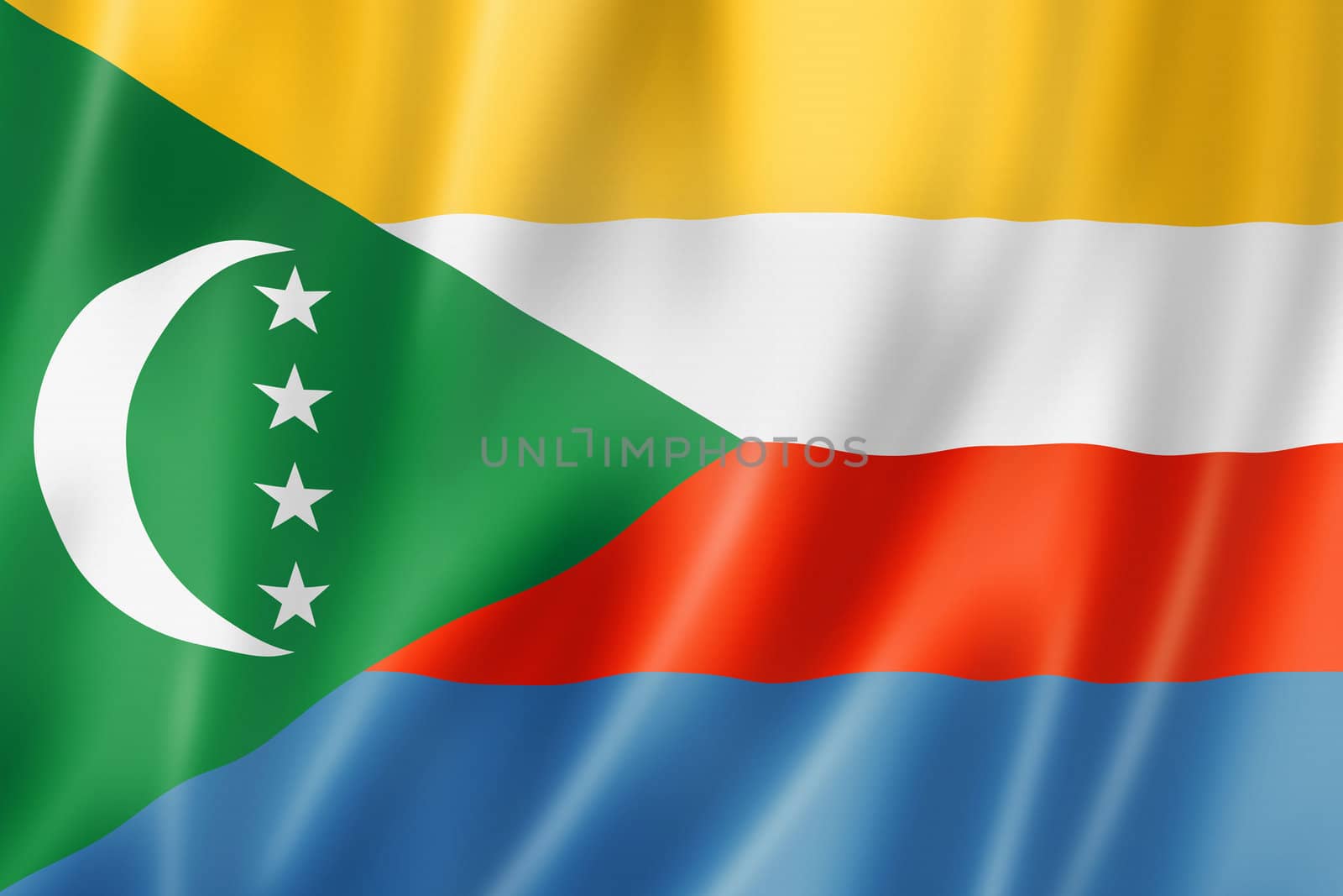 Comoros flag, three dimensional render, satin texture