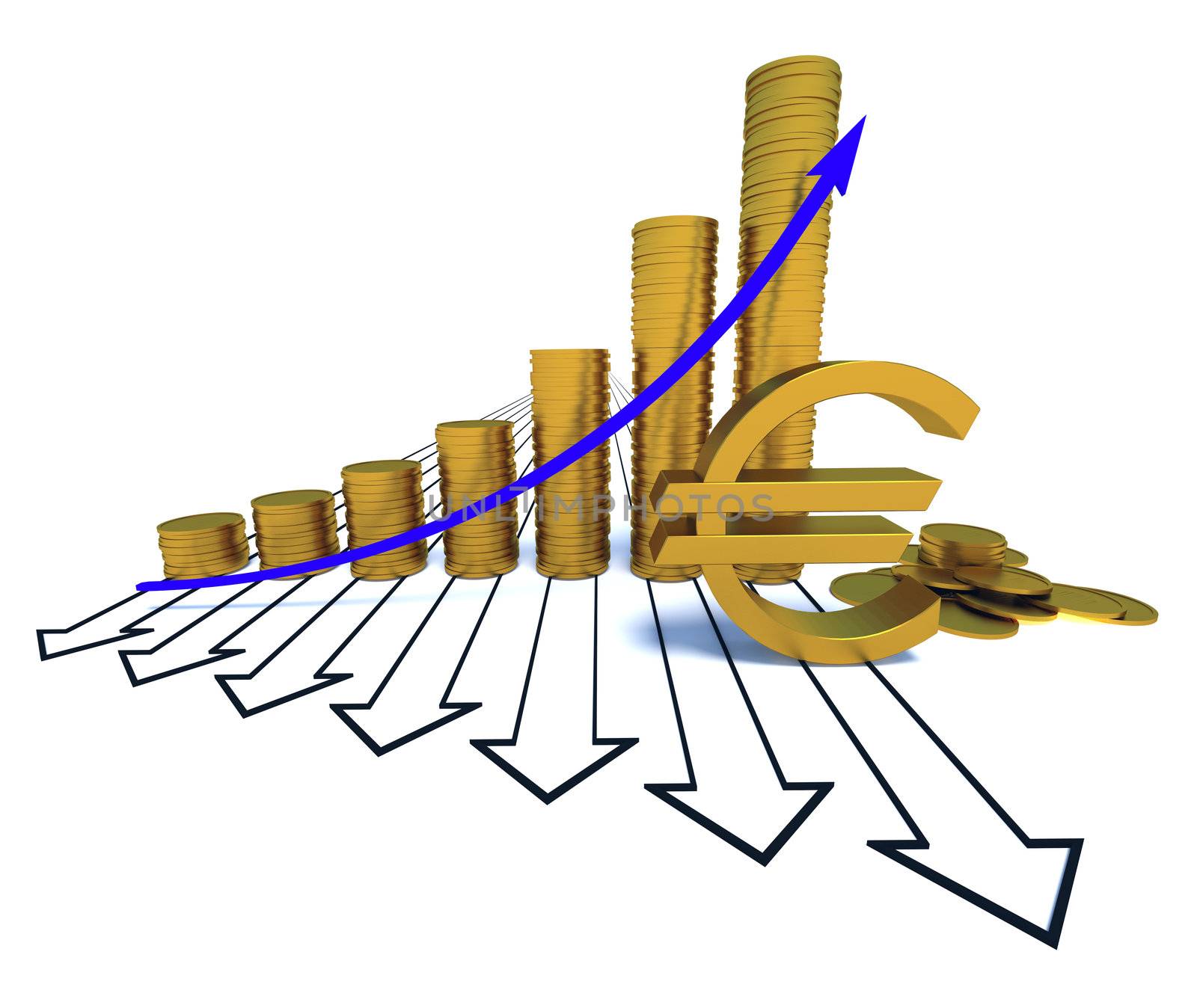 Arrowed coins chart isolated on the white, euro sign