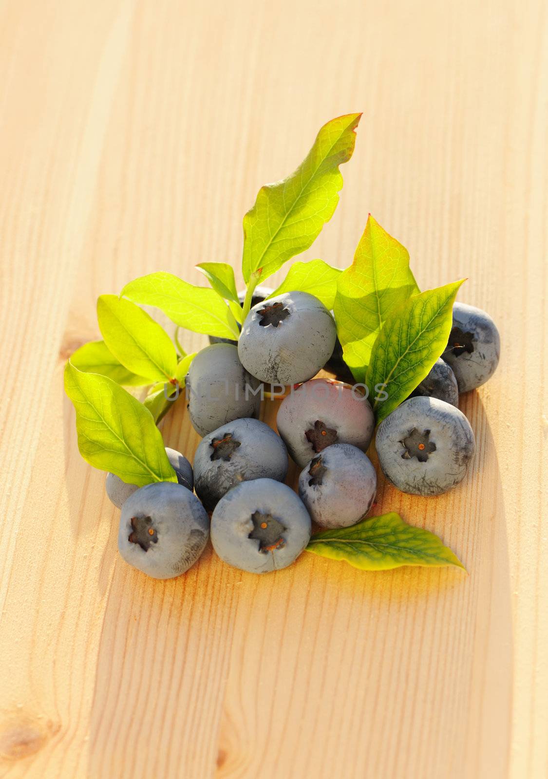 Blueberry with leafs on wooden table