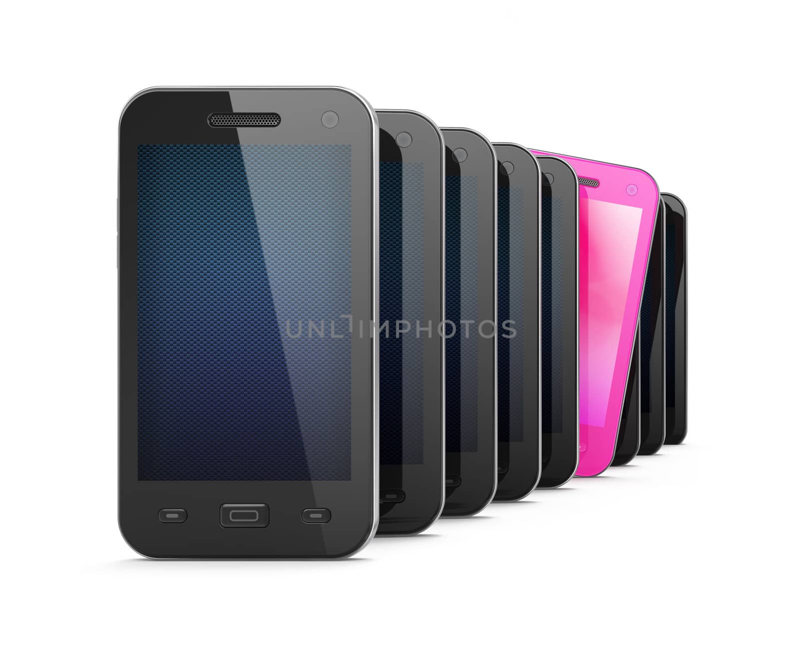 Beautiful pink smartphone among many black smartphones on white backgrpund