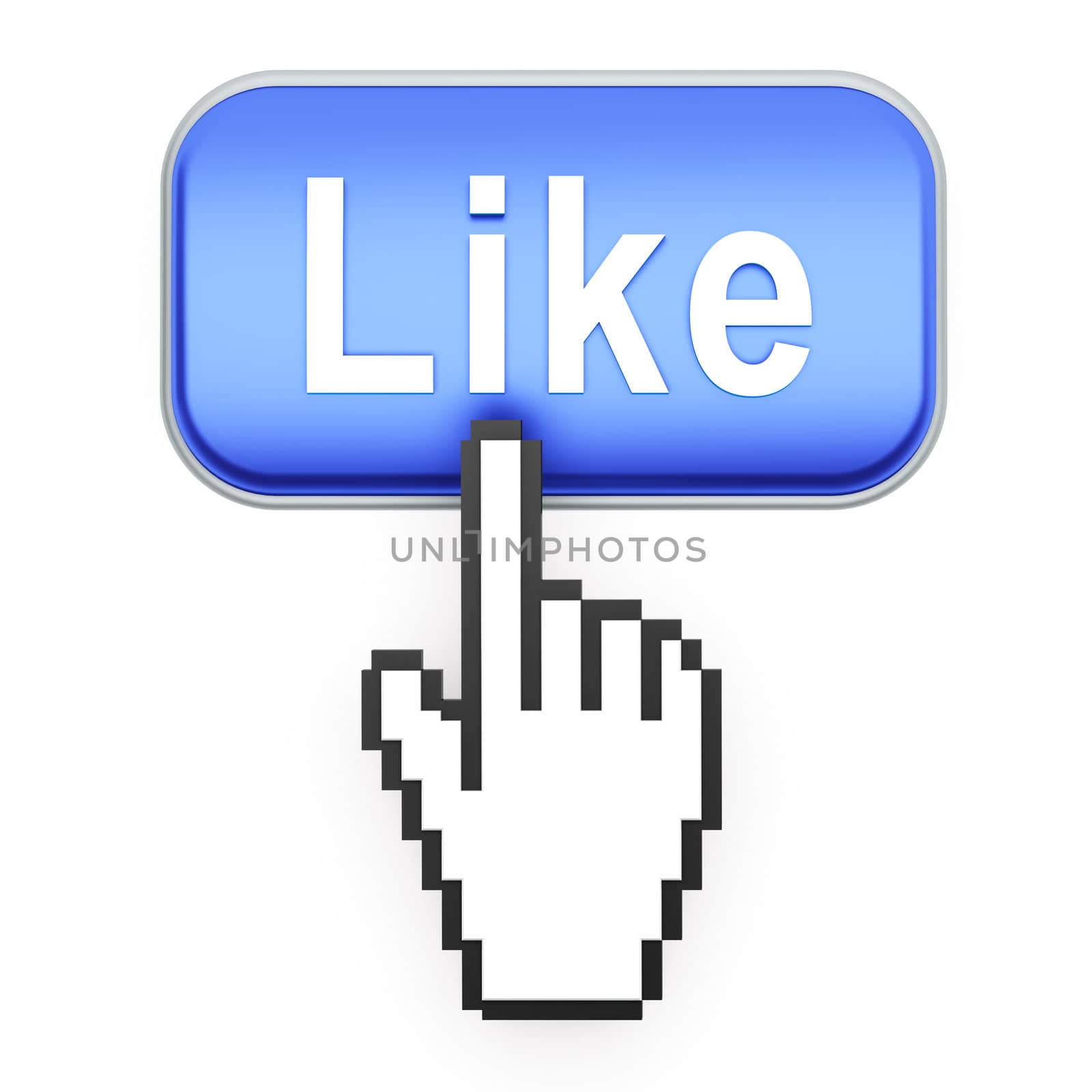 Hand-shaped mouse cursor press Like button on white background