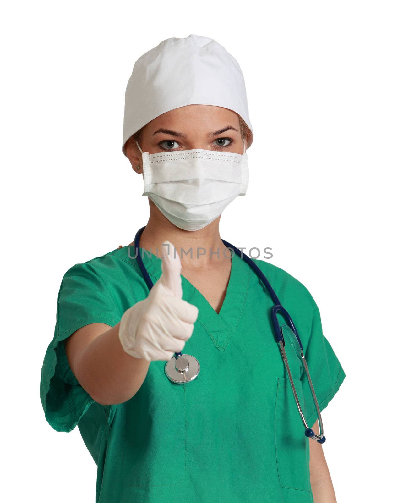 Portrait of a young woman doctor with her right thumb up, isolated against a white background.