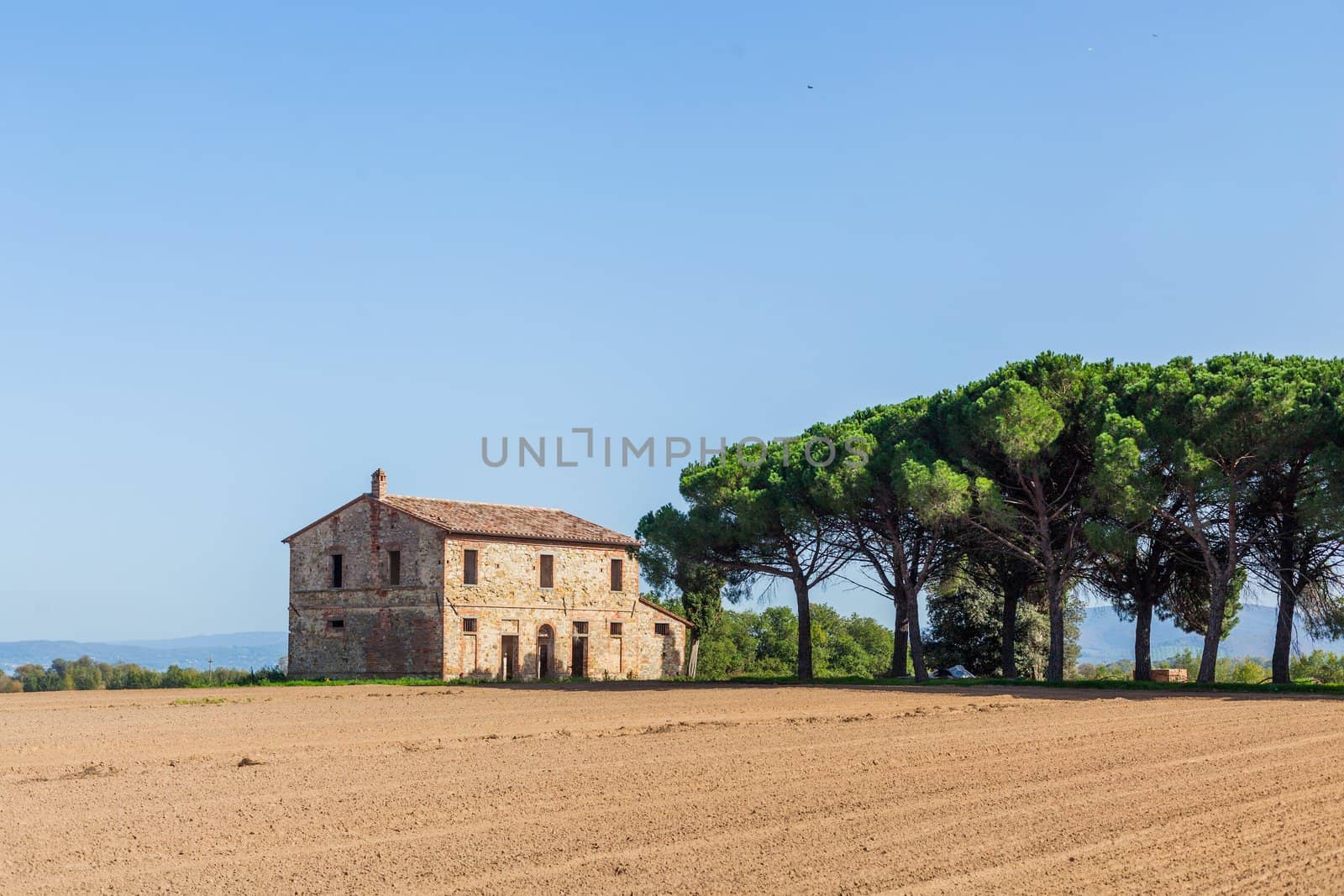 Typical beautiful Tuscan landscape-trees, grass, ski, villa. Italy