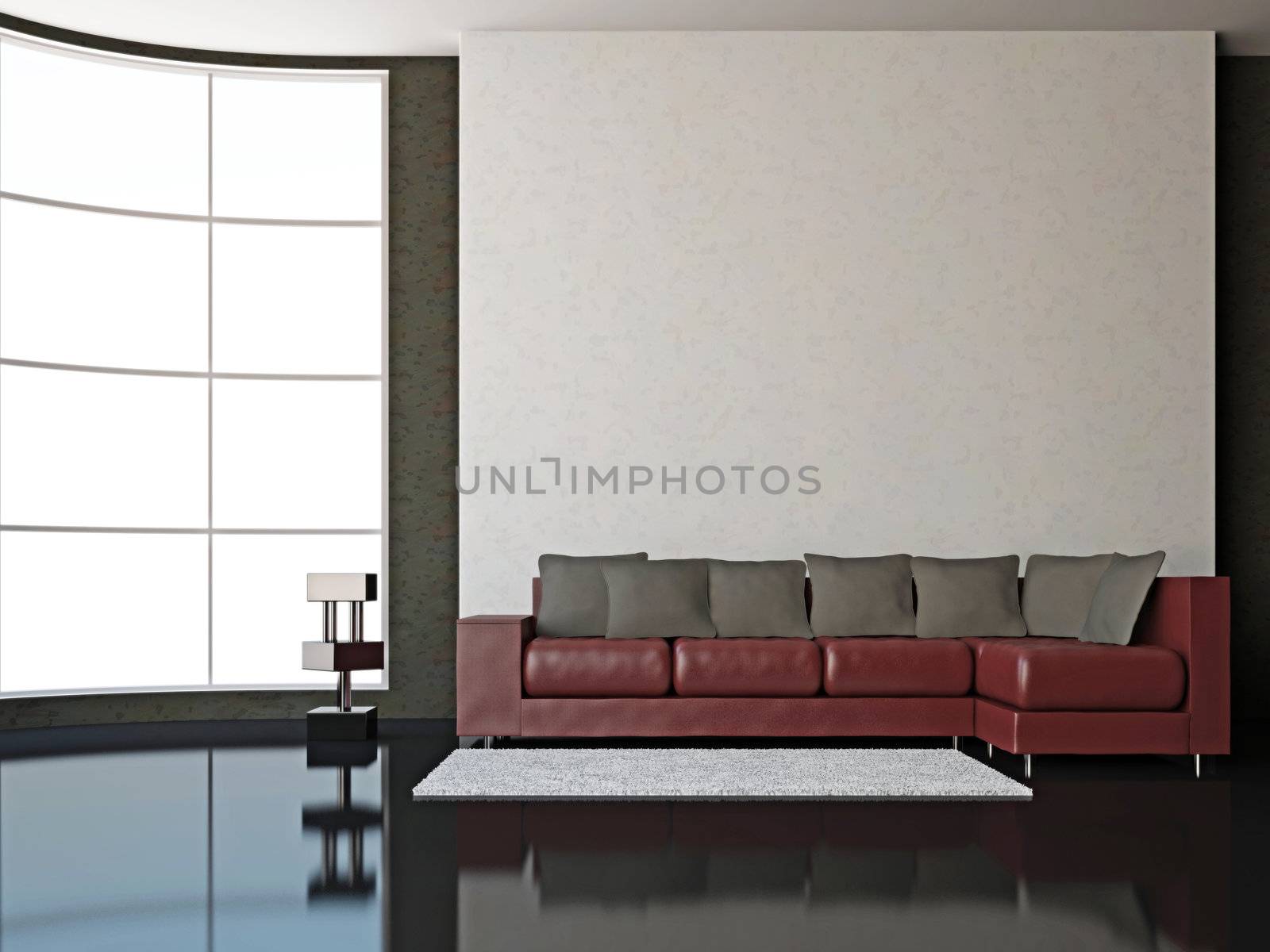 A room interior with sofa near big window 