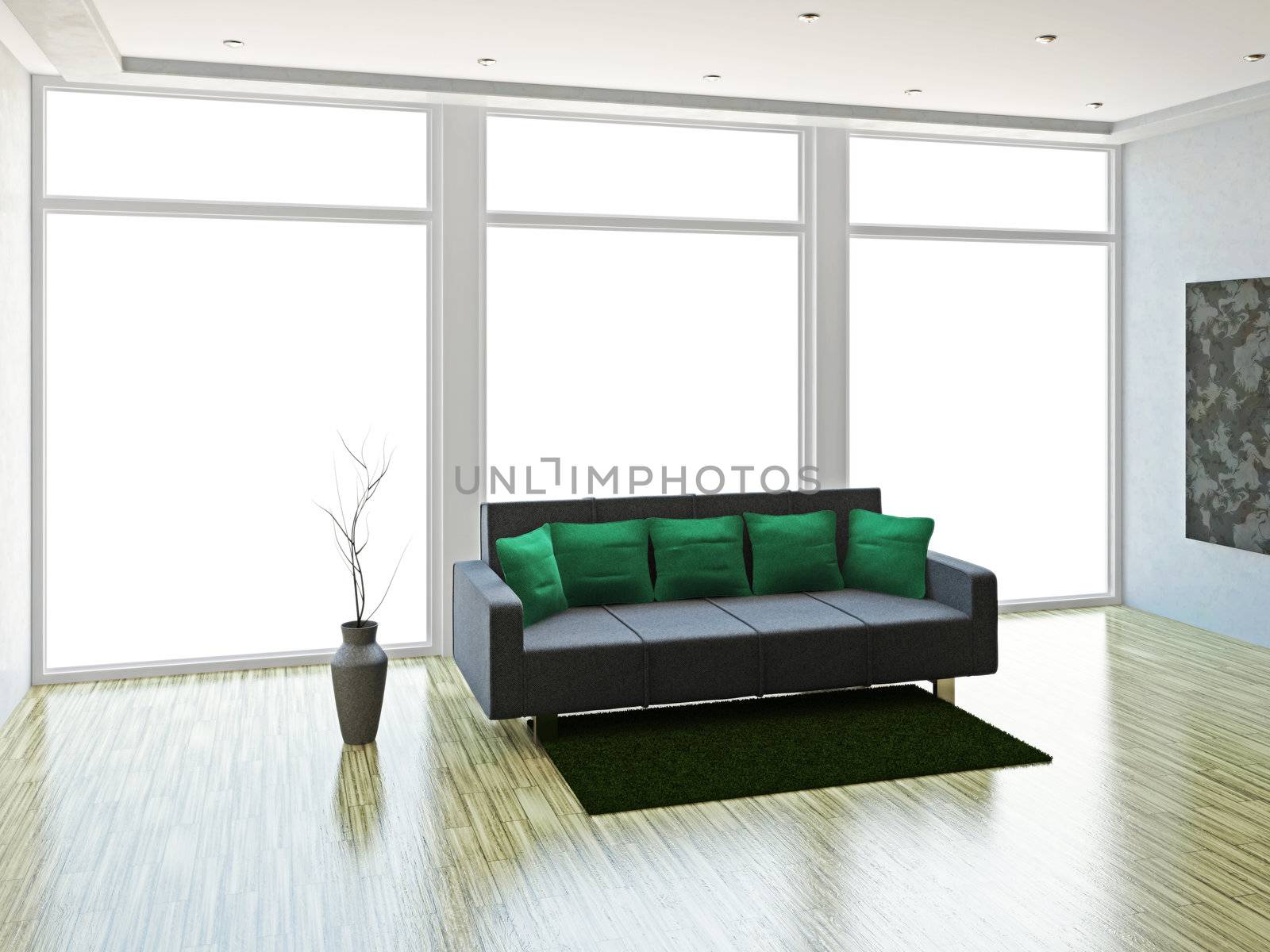 A room interior with sofa and vase