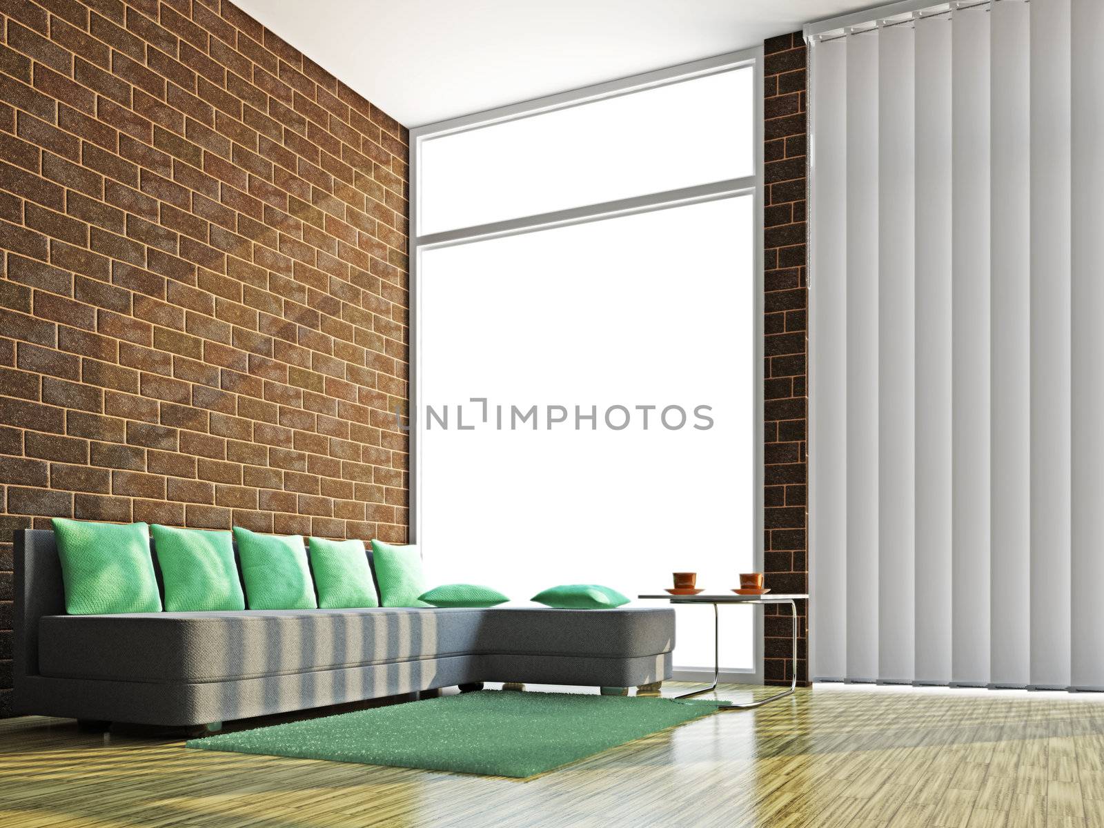 A room interior with sofa and table