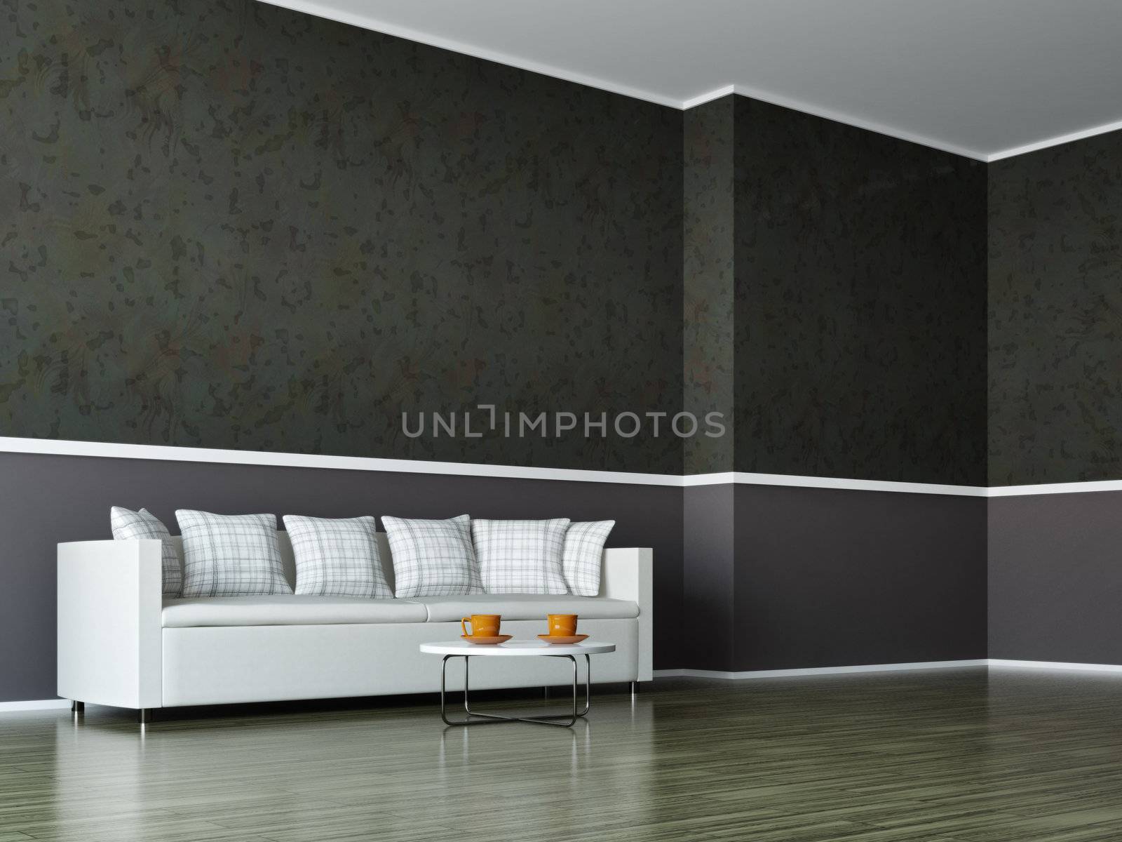 A room interior with a white sofa