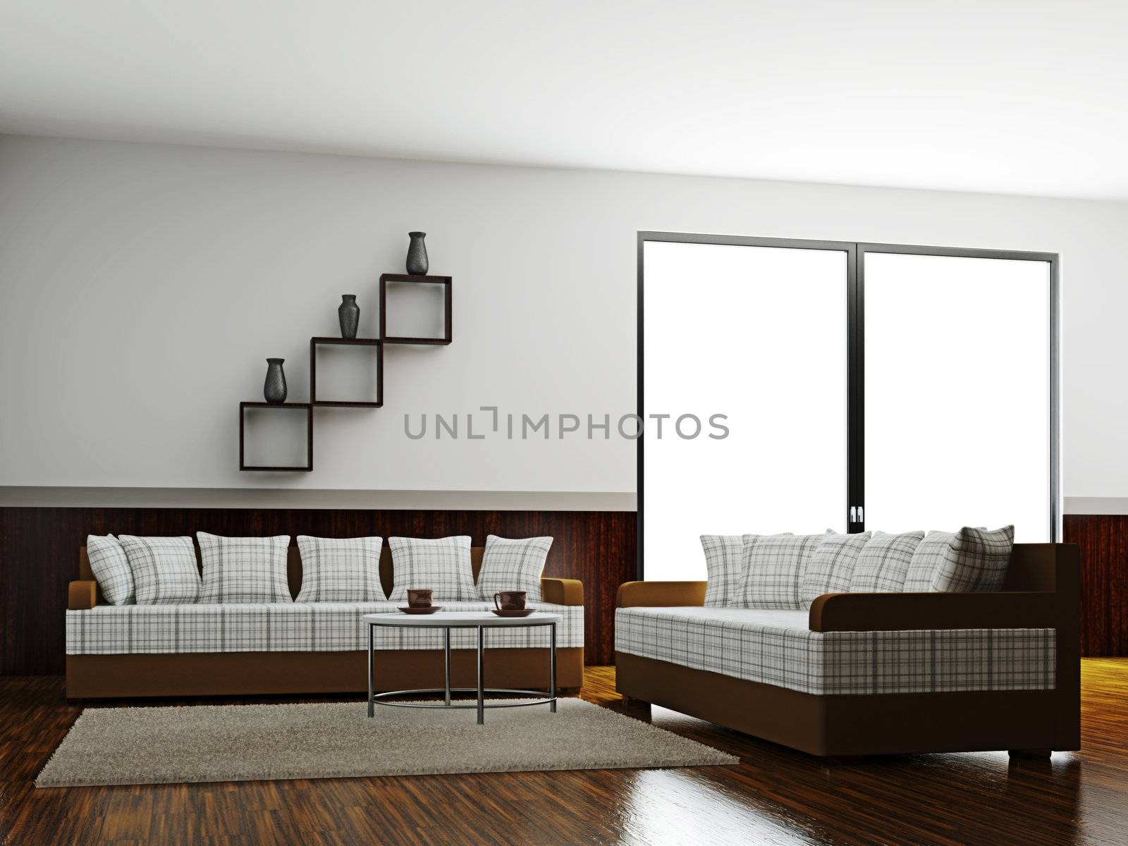 A room interior with a sofas and a table