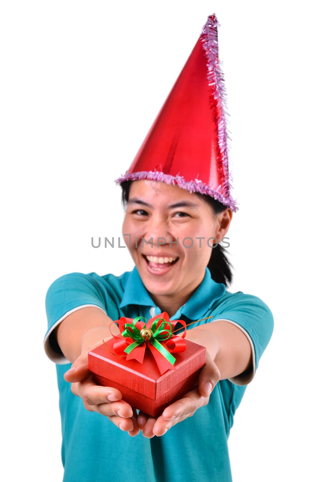 woman smile and hold gift box in hands Isolated on white background