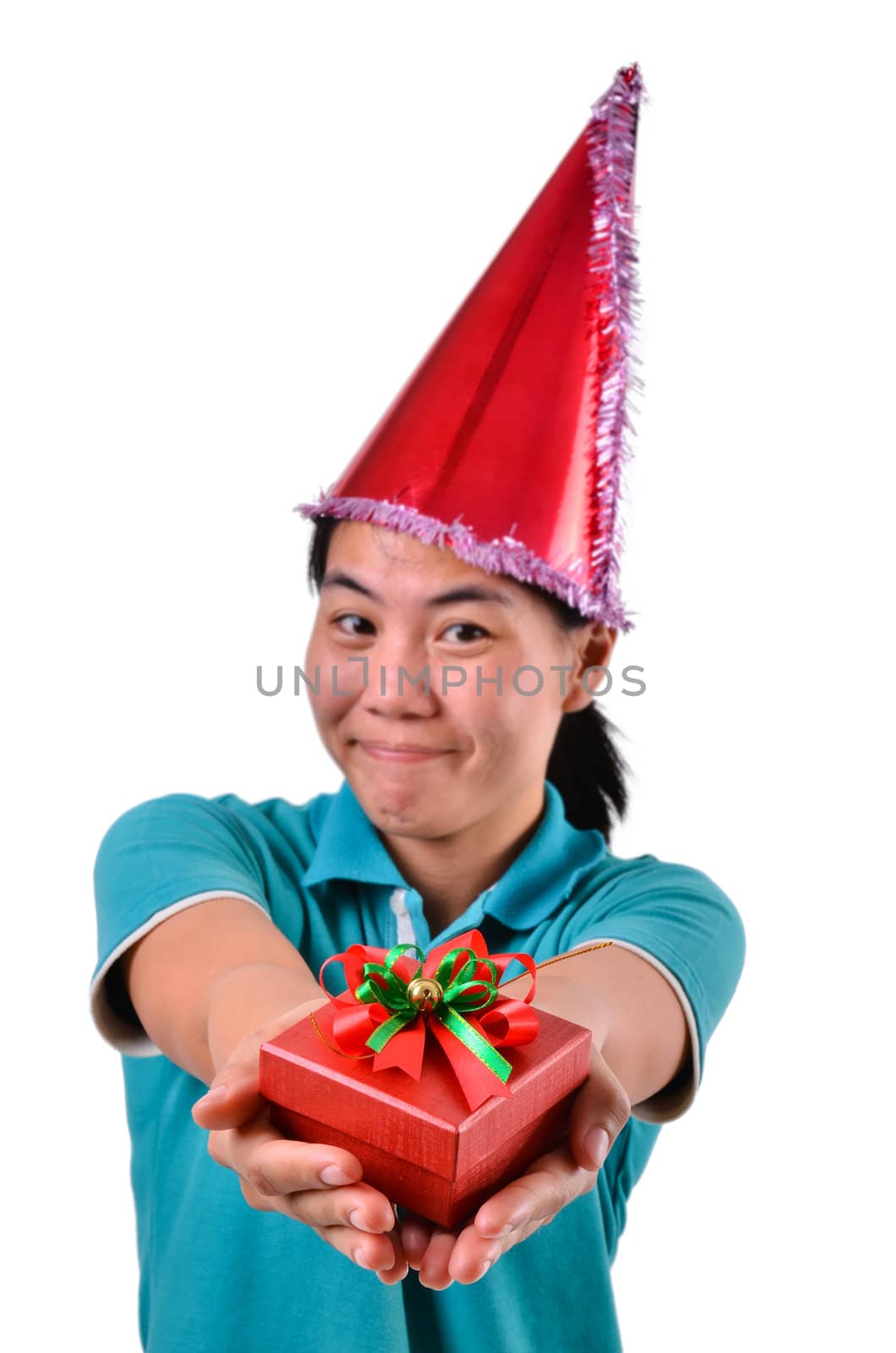 woman smile and hold gift box in hands Isolated on white background