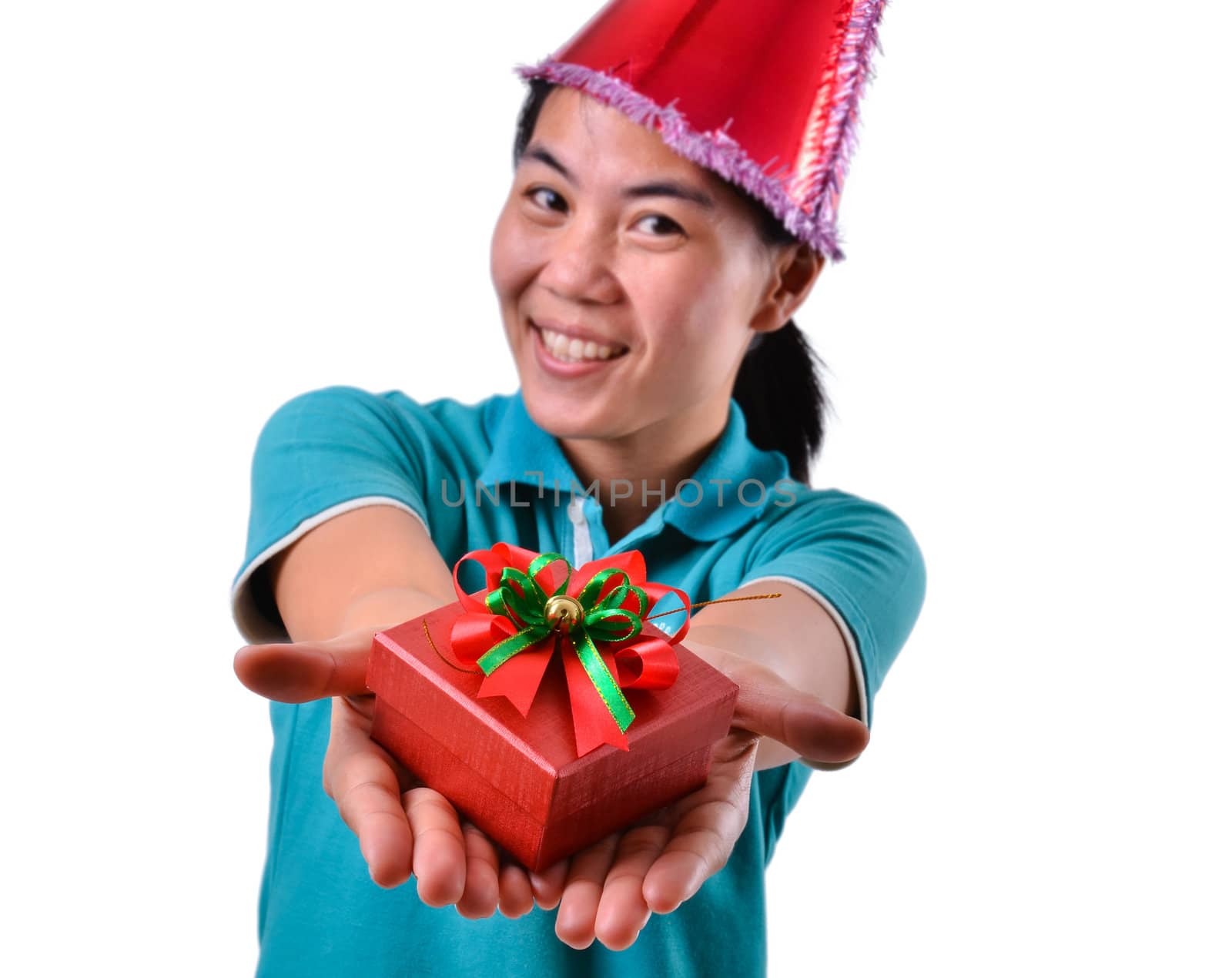 woman smile and hold gift box in hands Isolated on white background