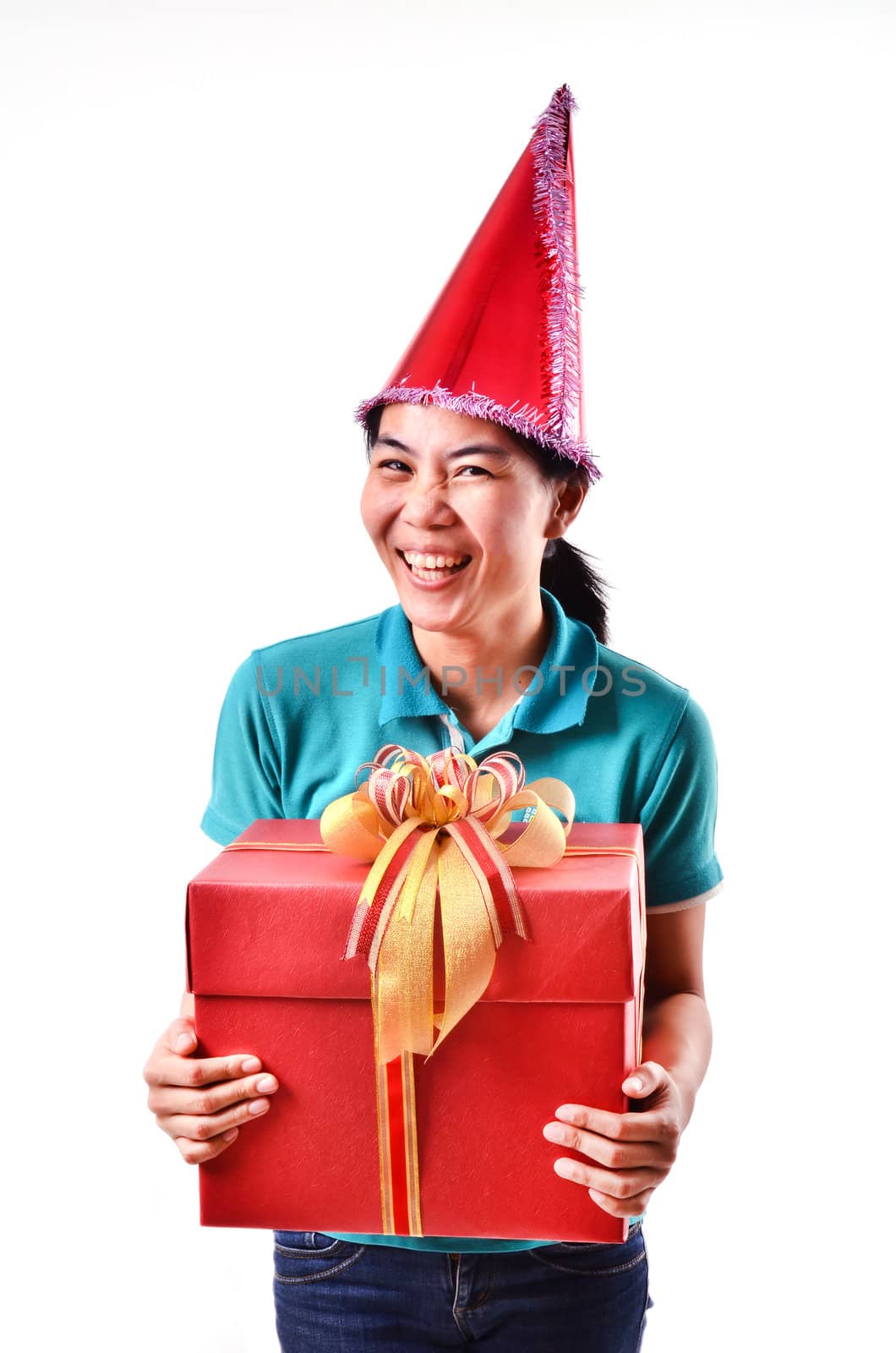 woman smile and hold gift box in hands Isolated on white background